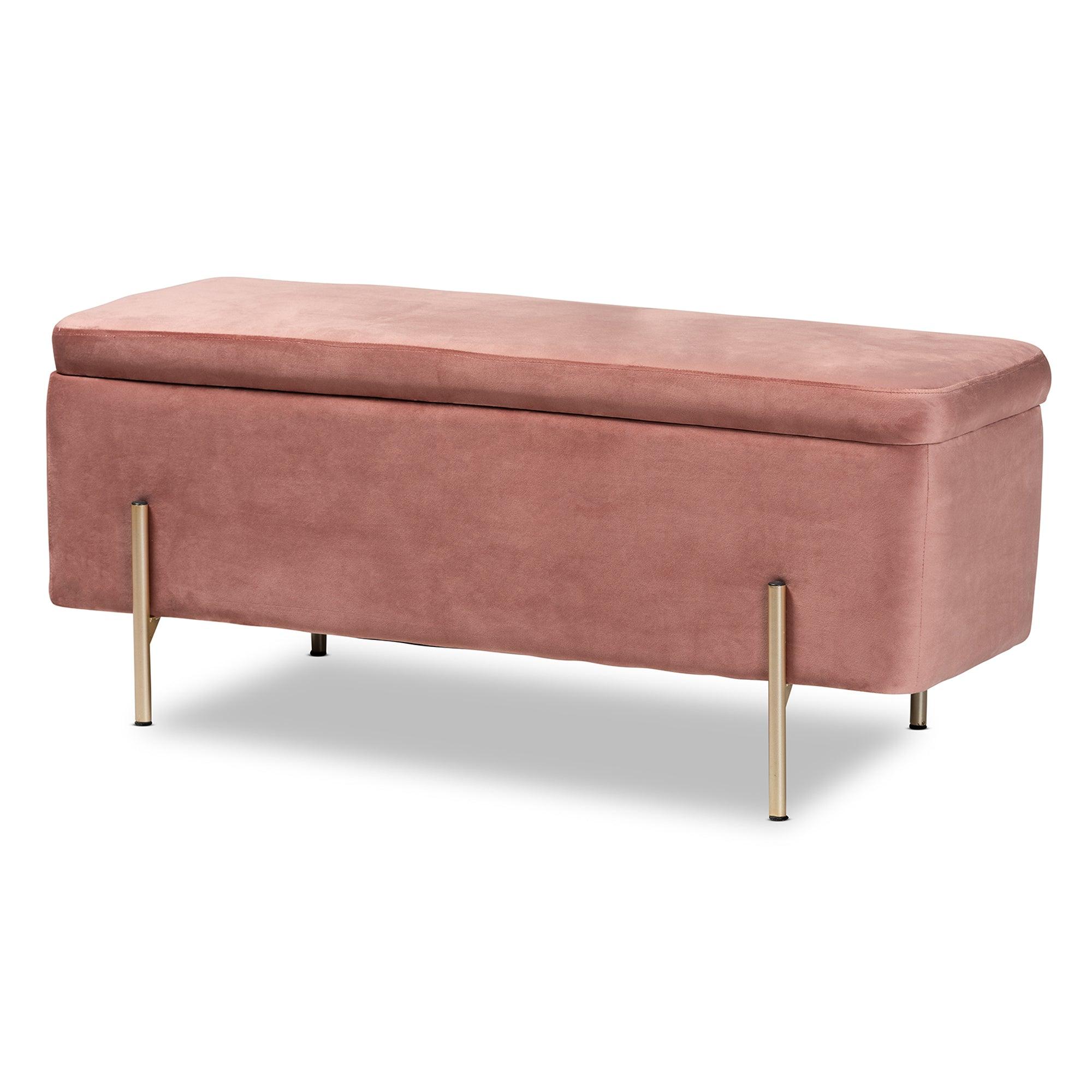 Rockwell Contemporary Glam and Luxe Blush Velvet Fabric Upholstered and Finished Metal Storage Bench