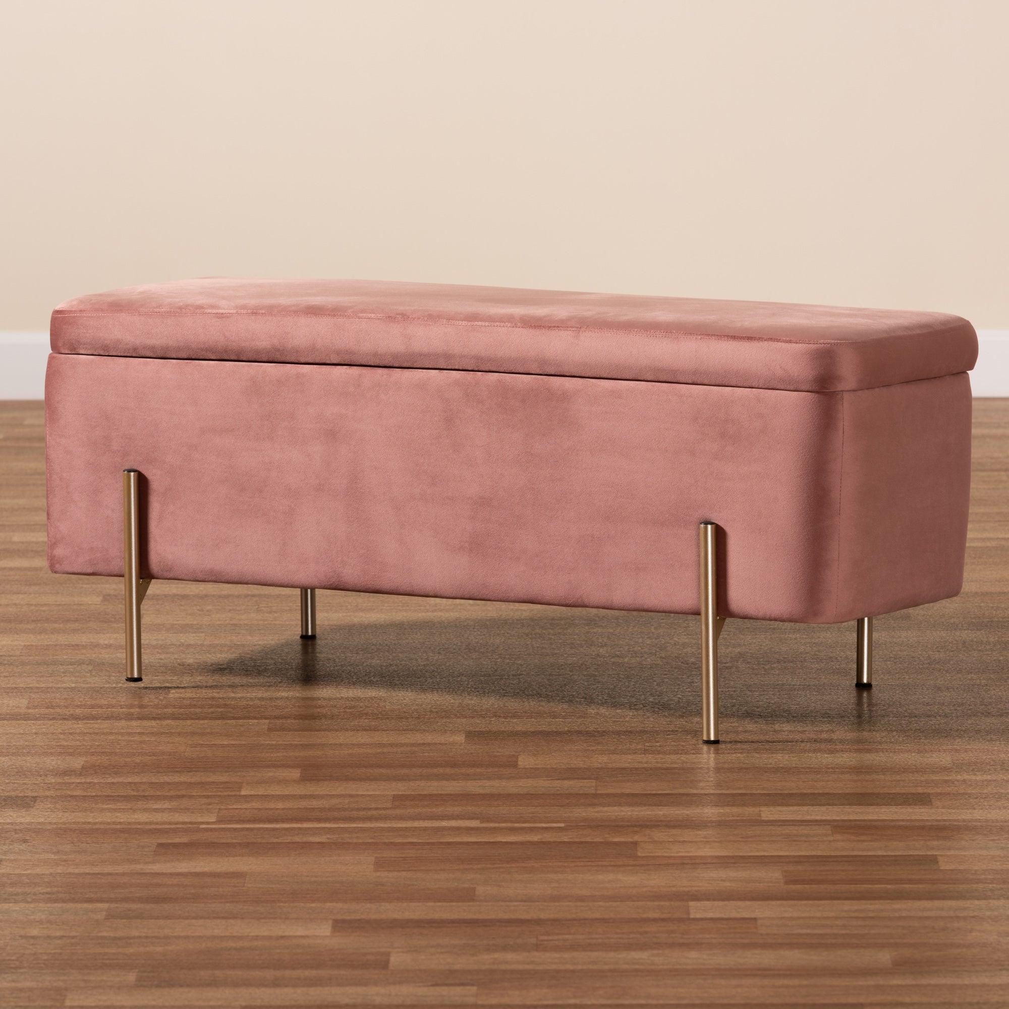 Rockwell Contemporary Glam and Luxe Blush Velvet Fabric Upholstered and Finished Metal Storage Bench