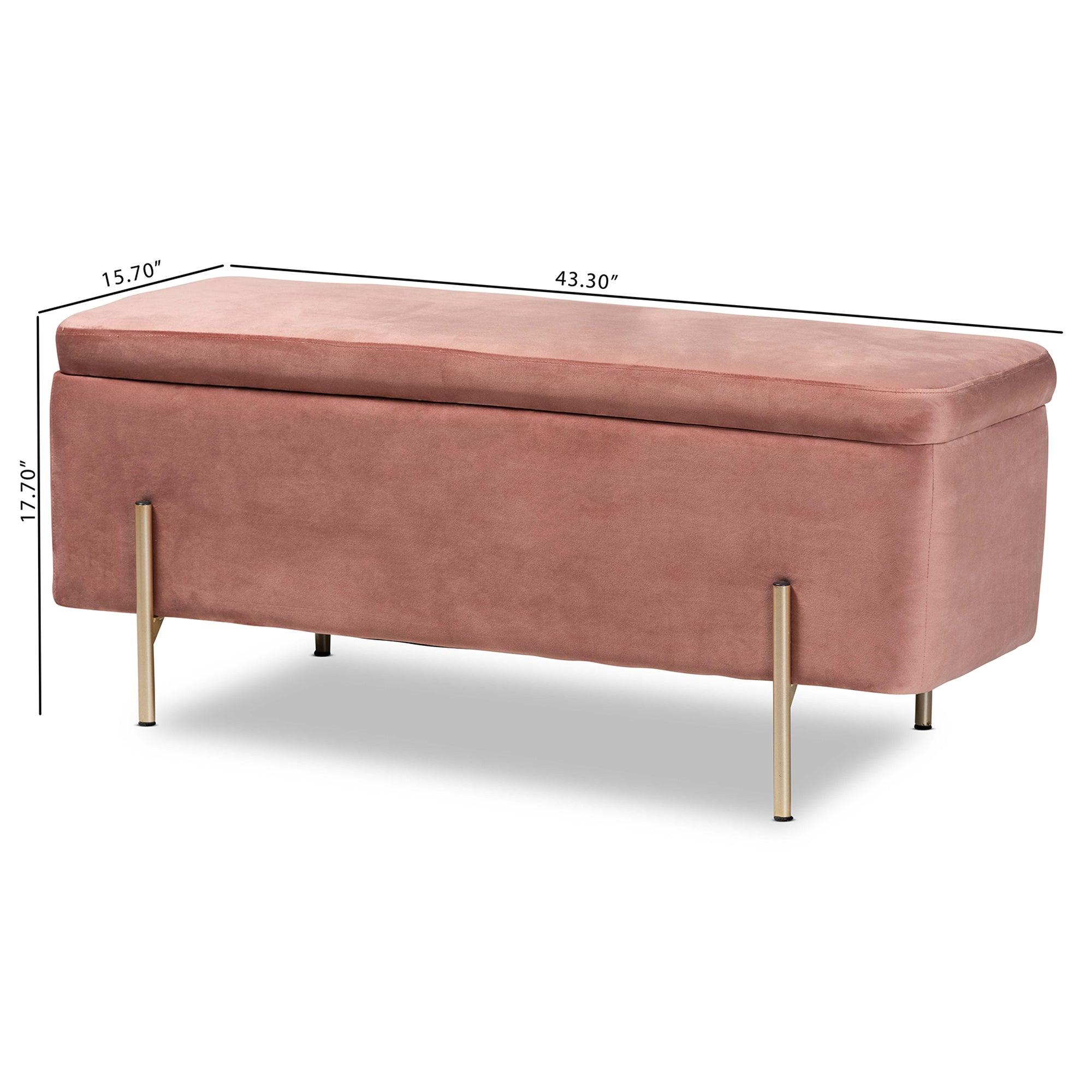 Rockwell Contemporary Glam and Luxe Blush Velvet Fabric Upholstered and Finished Metal Storage Bench