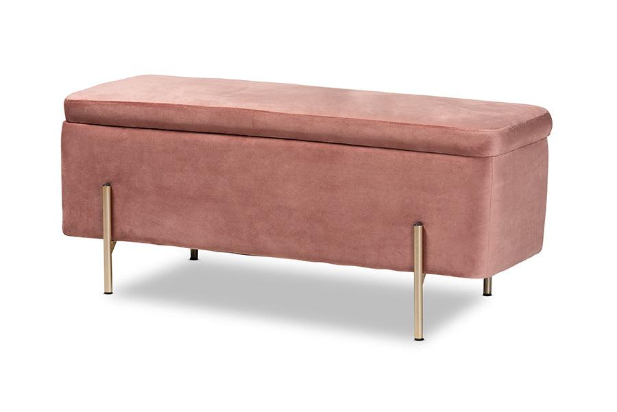 Rockwell Contemporary Glam and Luxe Blush Velvet Fabric Upholstered and Finished Metal Storage Bench