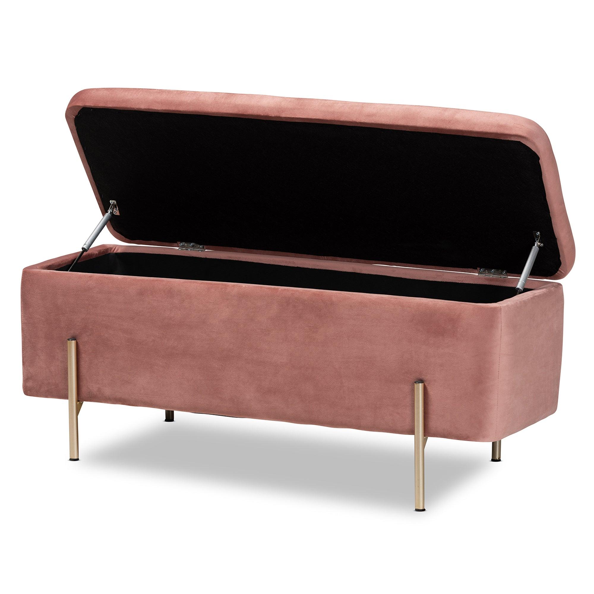 Rockwell Contemporary Glam and Luxe Blush Velvet Fabric Upholstered and Finished Metal Storage Bench