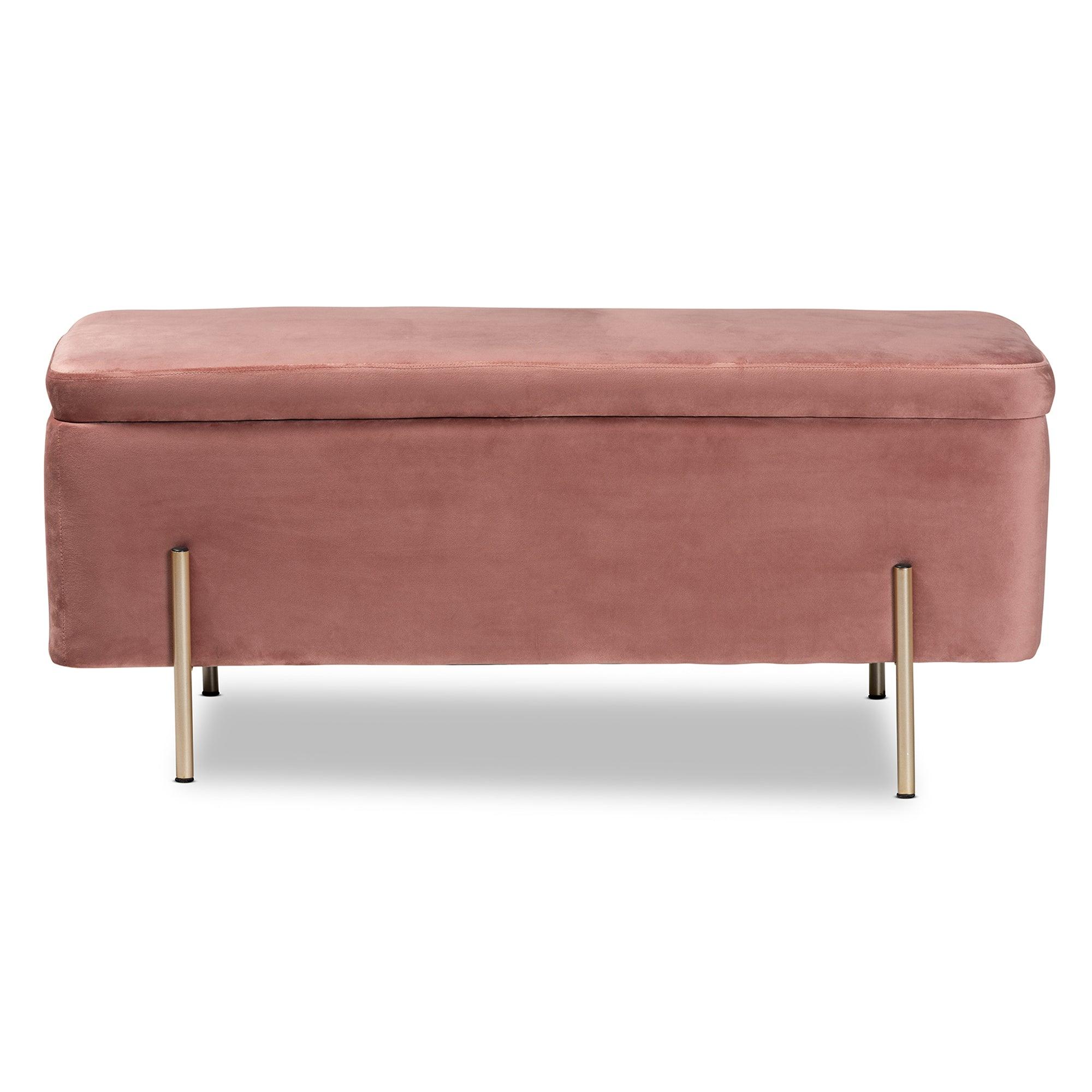 Rockwell Contemporary Glam and Luxe Blush Velvet Fabric Upholstered and Finished Metal Storage Bench