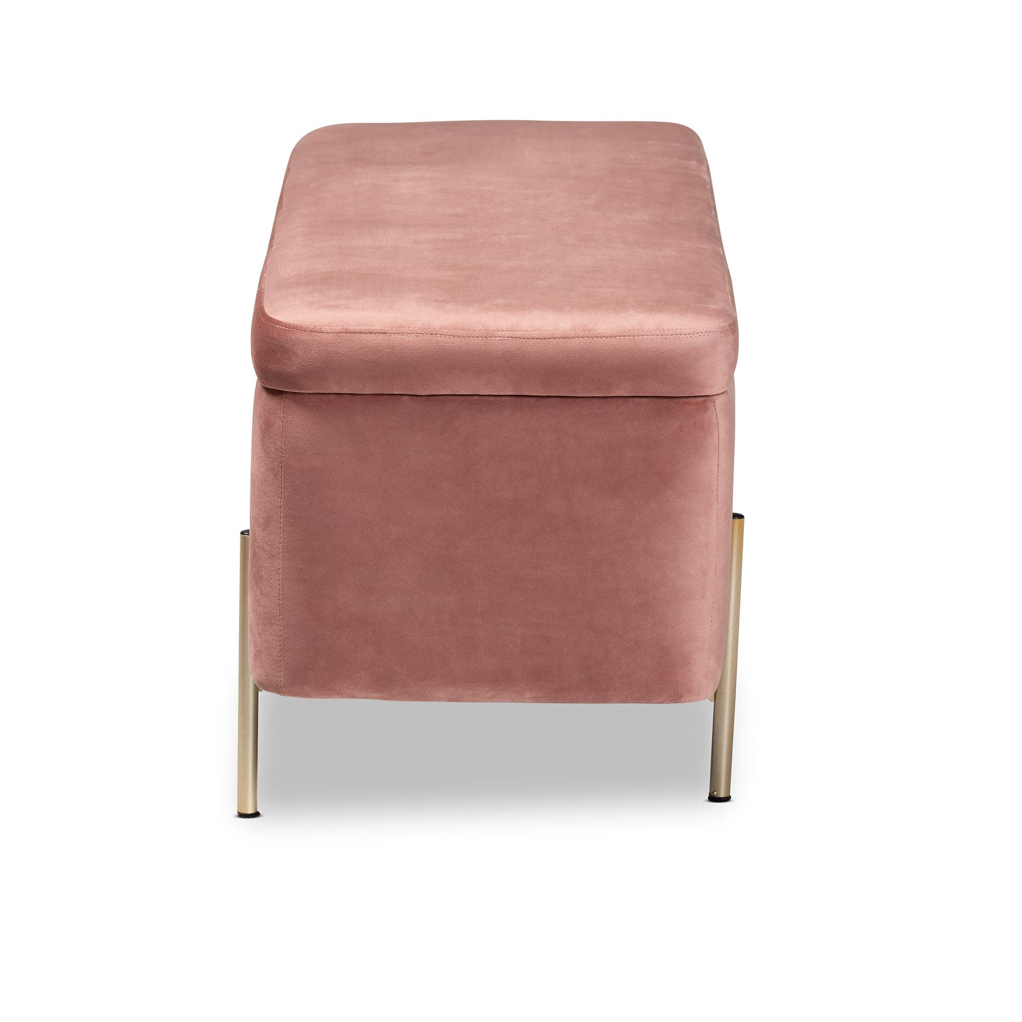 Rockwell Contemporary Glam and Luxe Blush Velvet Fabric Upholstered and Finished Metal Storage Bench