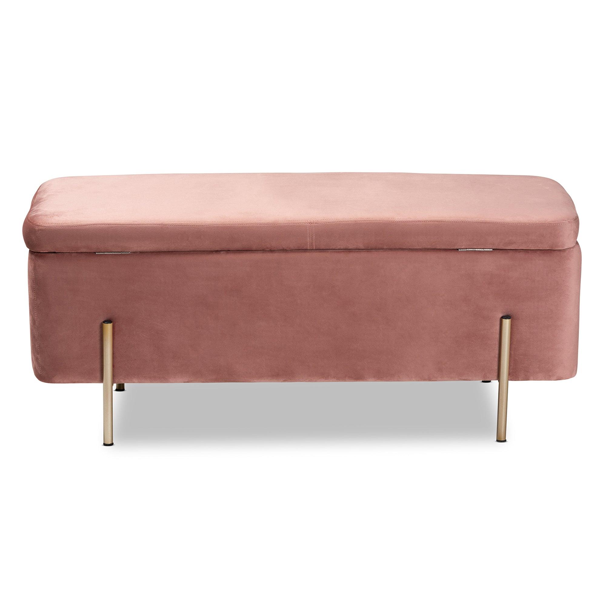 Rockwell Contemporary Glam and Luxe Blush Velvet Fabric Upholstered and Finished Metal Storage Bench