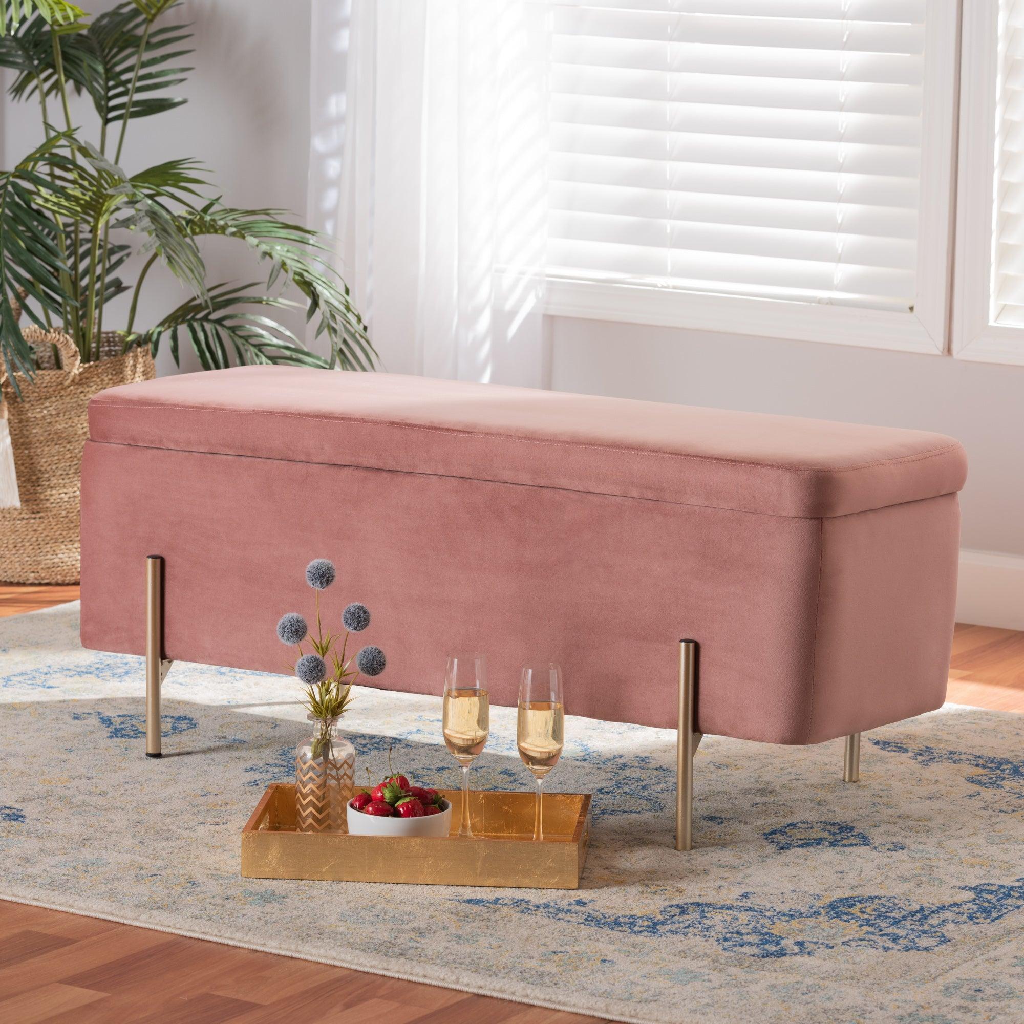 Rockwell Contemporary Glam and Luxe Blush Velvet Fabric Upholstered and Finished Metal Storage Bench