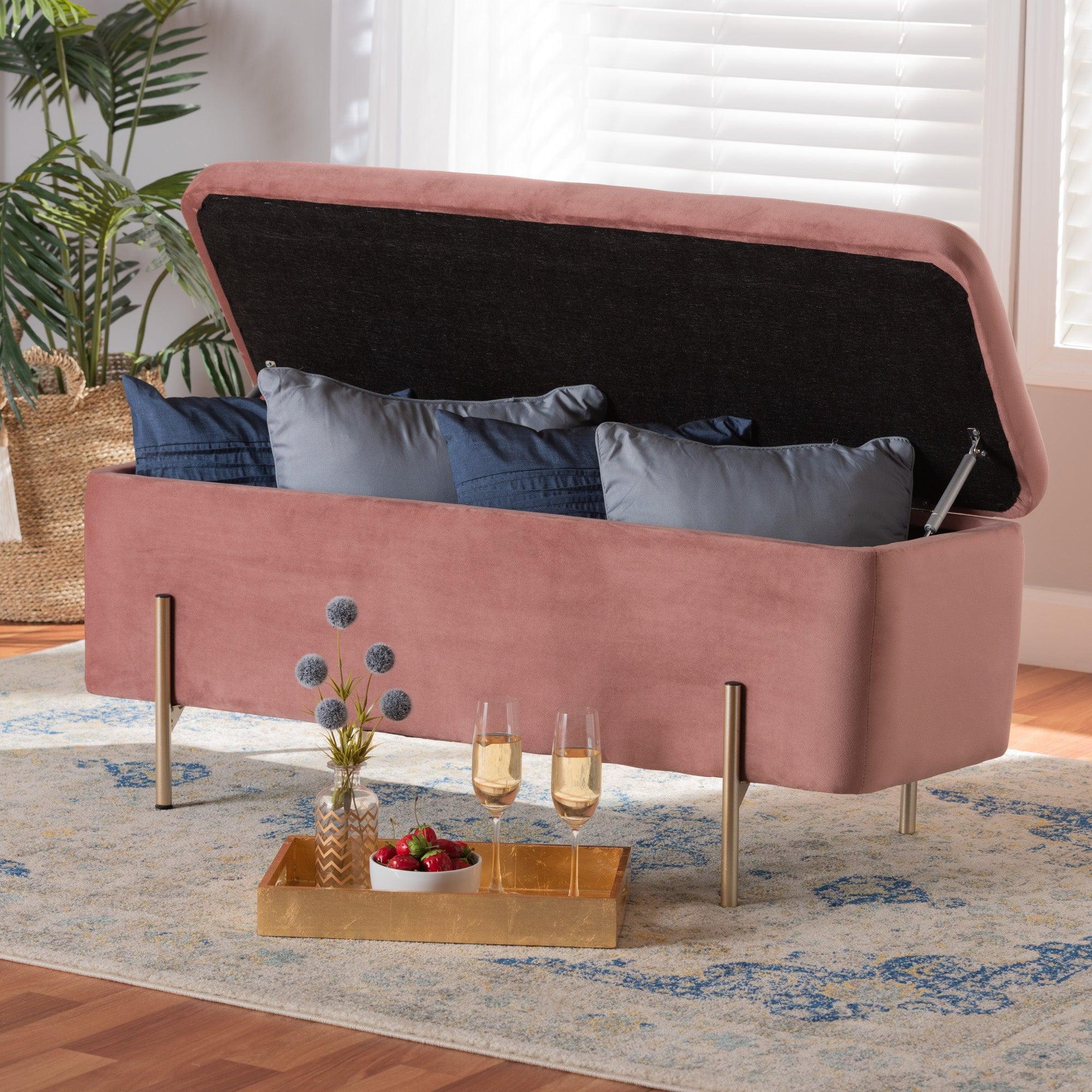 Rockwell Contemporary Glam and Luxe Blush Velvet Fabric Upholstered and Finished Metal Storage Bench