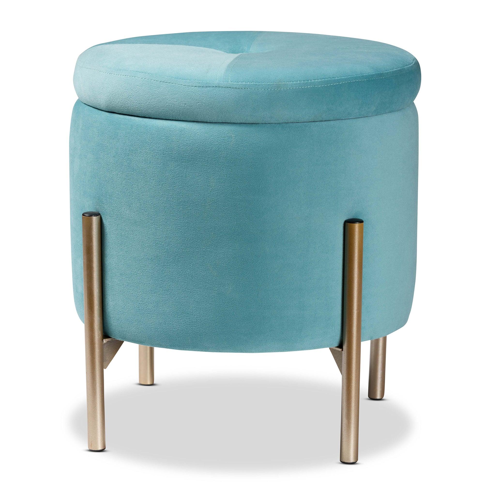 Malina Contemporary Glam and Luxe Sky Velvet Fabric Upholstered and Finished Metal Storage Ottoman