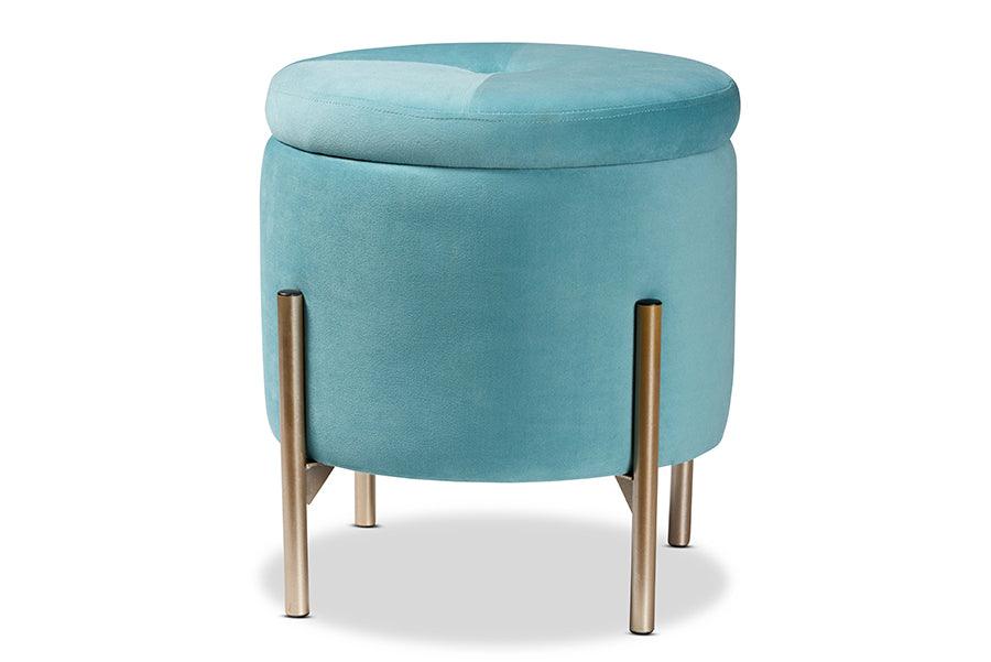 Malina Contemporary Glam and Luxe Sky Velvet Fabric Upholstered and Finished Metal Storage Ottoman