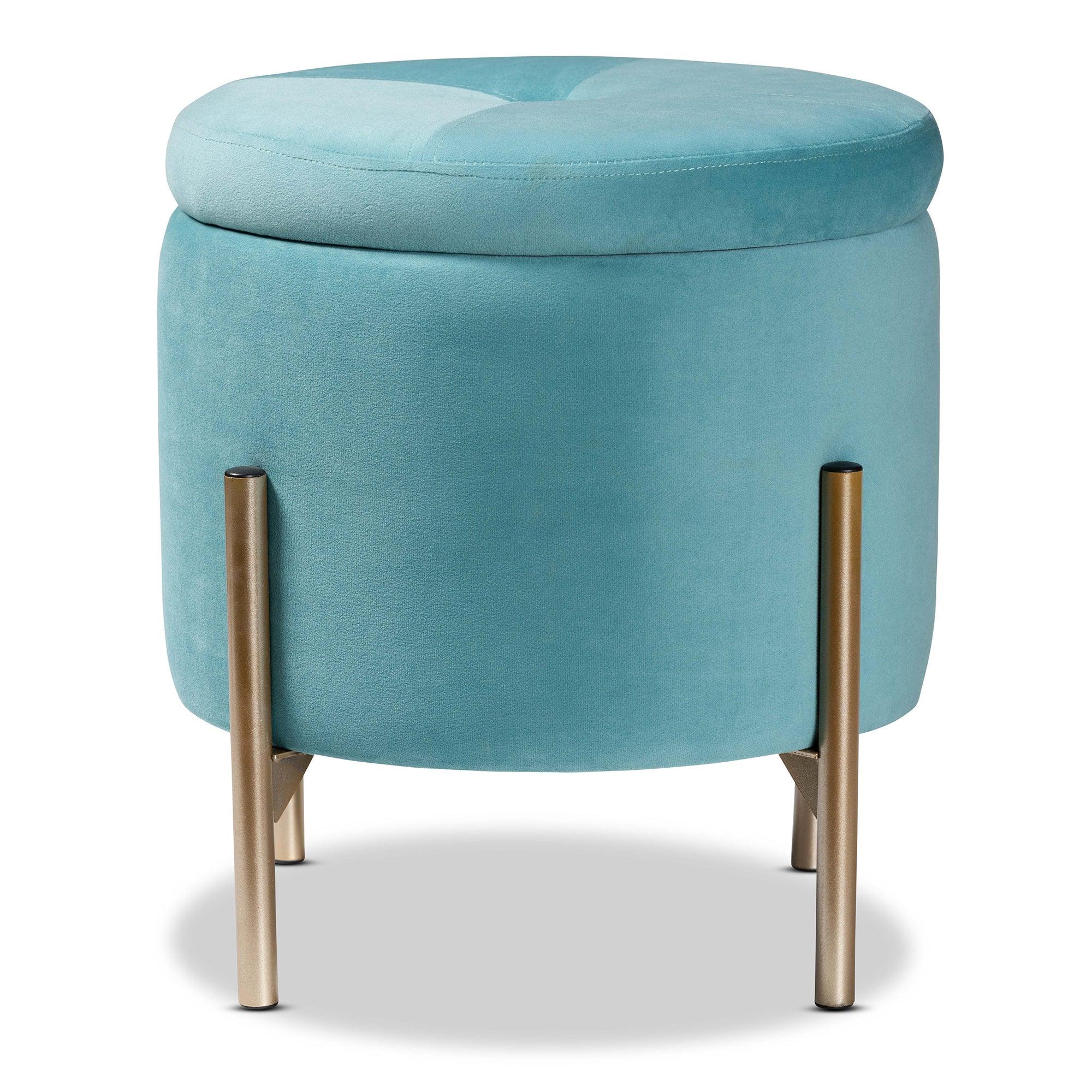 Malina Contemporary Glam and Luxe Sky Velvet Fabric Upholstered and Finished Metal Storage Ottoman