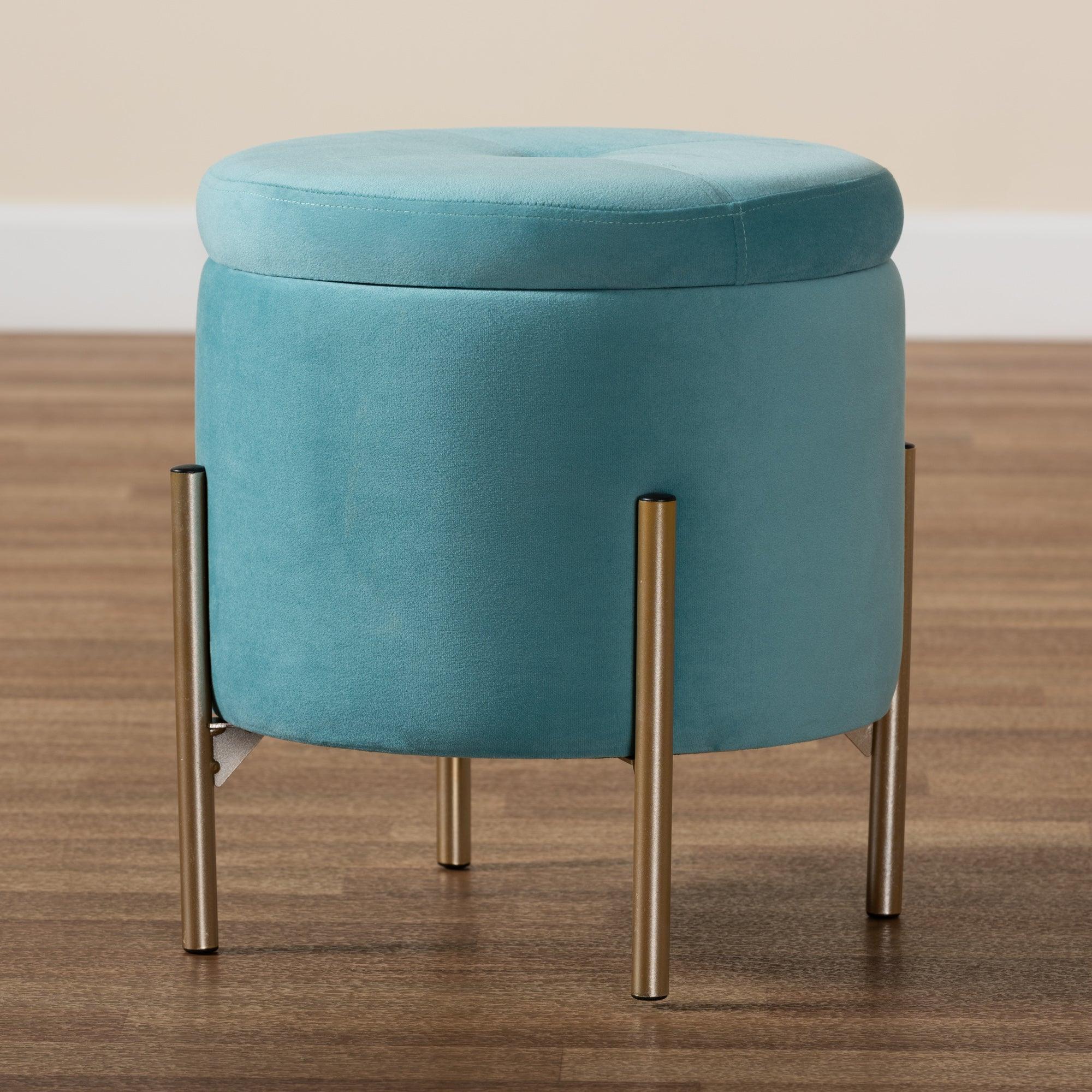 Malina Contemporary Glam and Luxe Sky Velvet Fabric Upholstered and Finished Metal Storage Ottoman