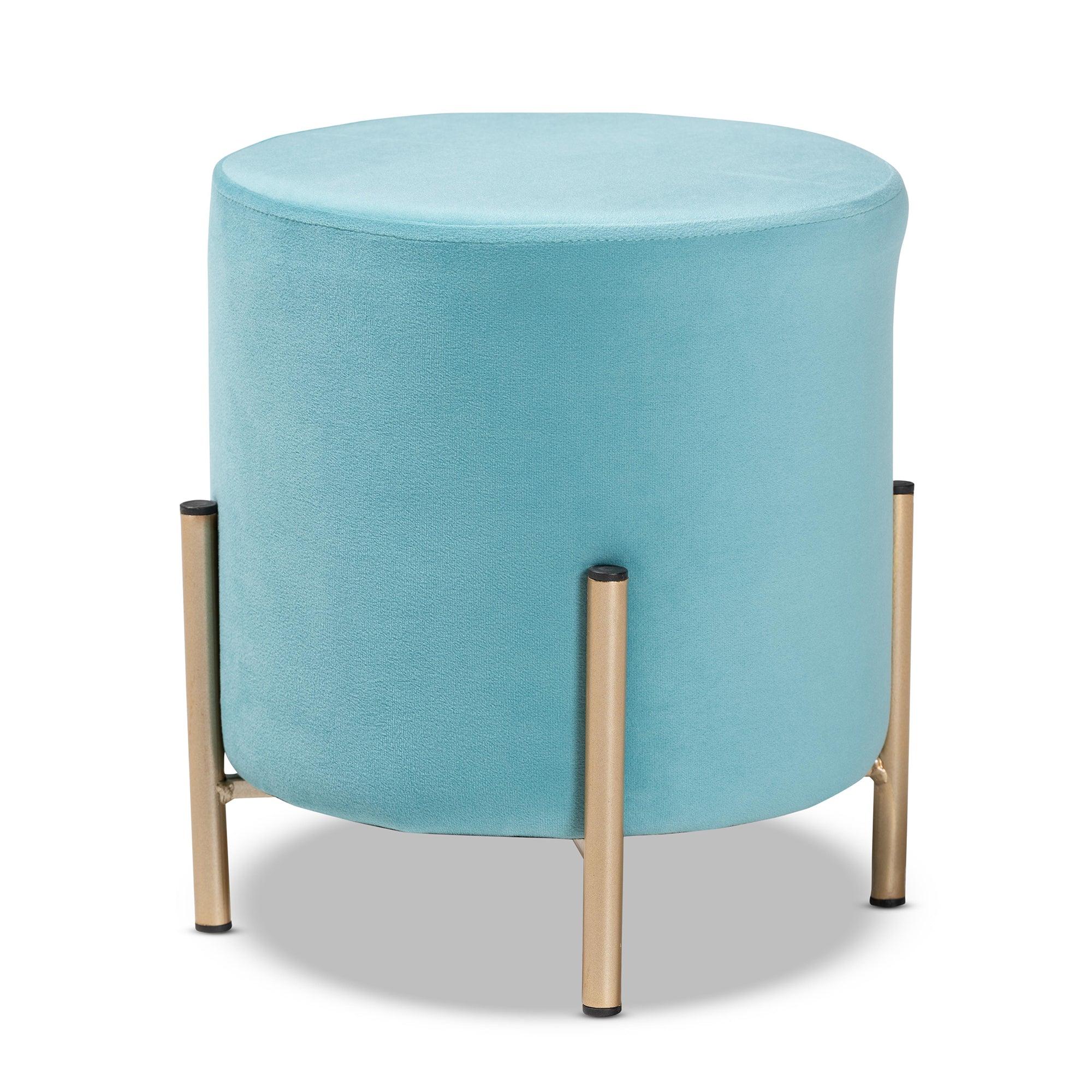 Thurman Contemporary Glam and Luxe Sky Velvet Fabric Upholstered and Finished Metal Ottoman