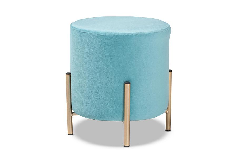 Thurman Contemporary Glam and Luxe Sky Velvet Fabric Upholstered and Finished Metal Ottoman