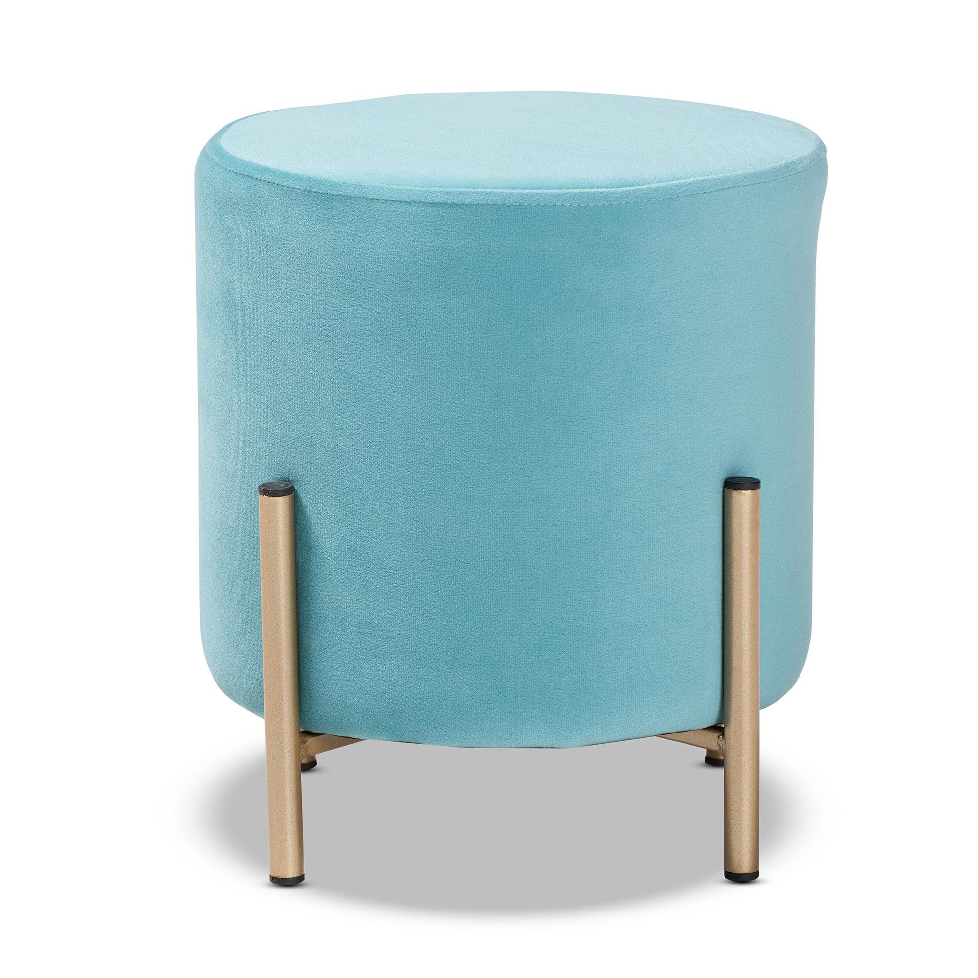 Thurman Contemporary Glam and Luxe Sky Velvet Fabric Upholstered and Finished Metal Ottoman