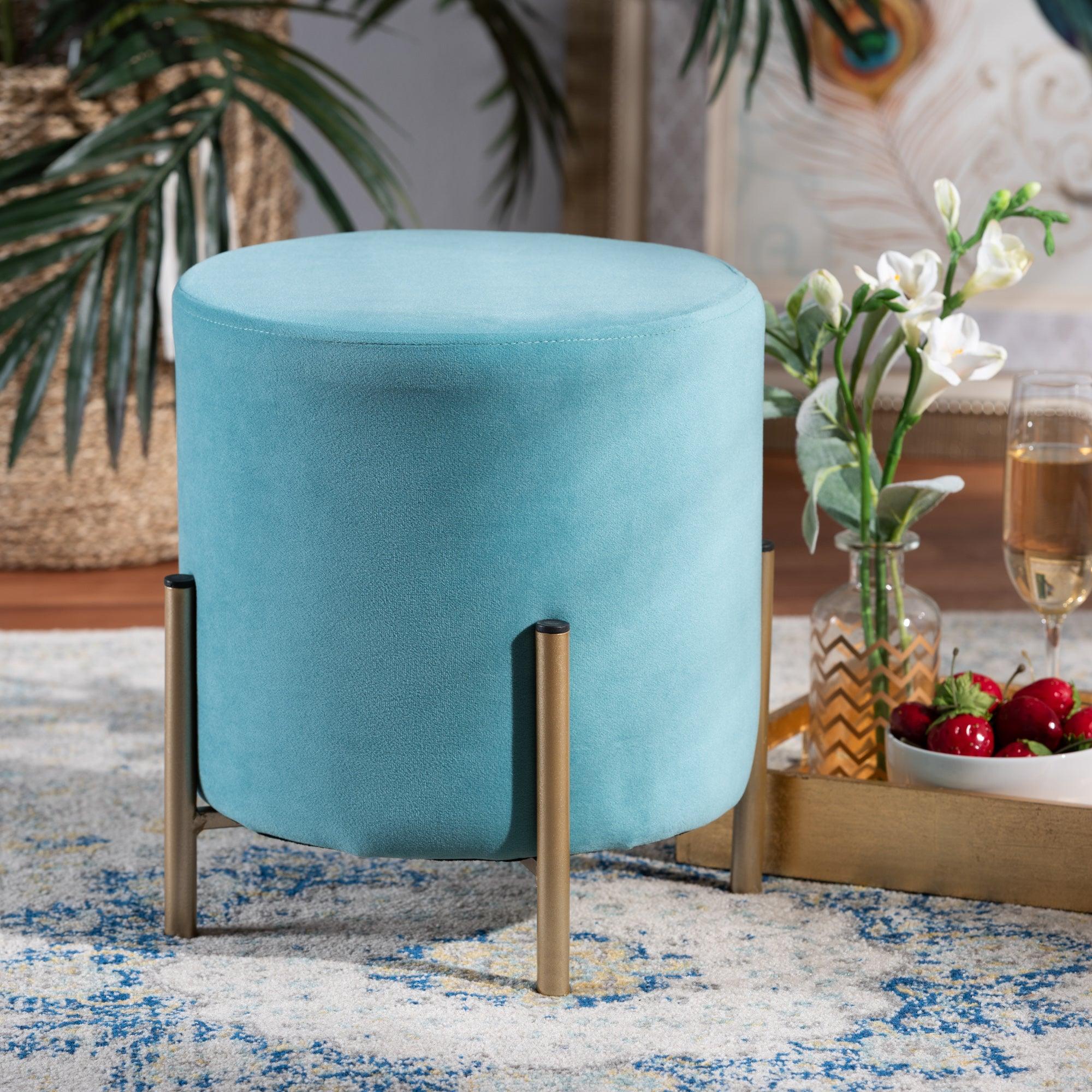 Thurman Contemporary Glam and Luxe Sky Velvet Fabric Upholstered and Finished Metal Ottoman