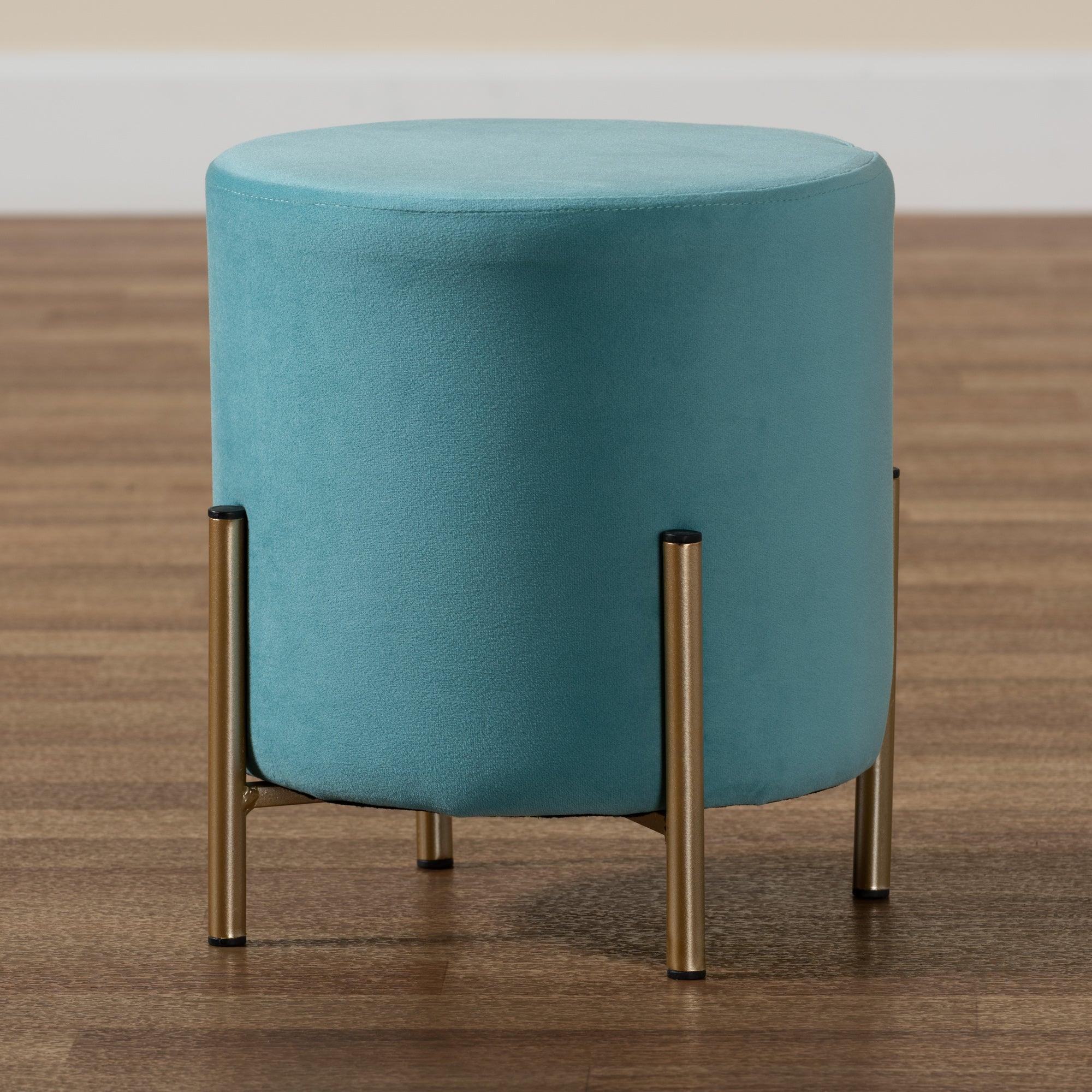 Thurman Contemporary Glam and Luxe Sky Velvet Fabric Upholstered and Finished Metal Ottoman