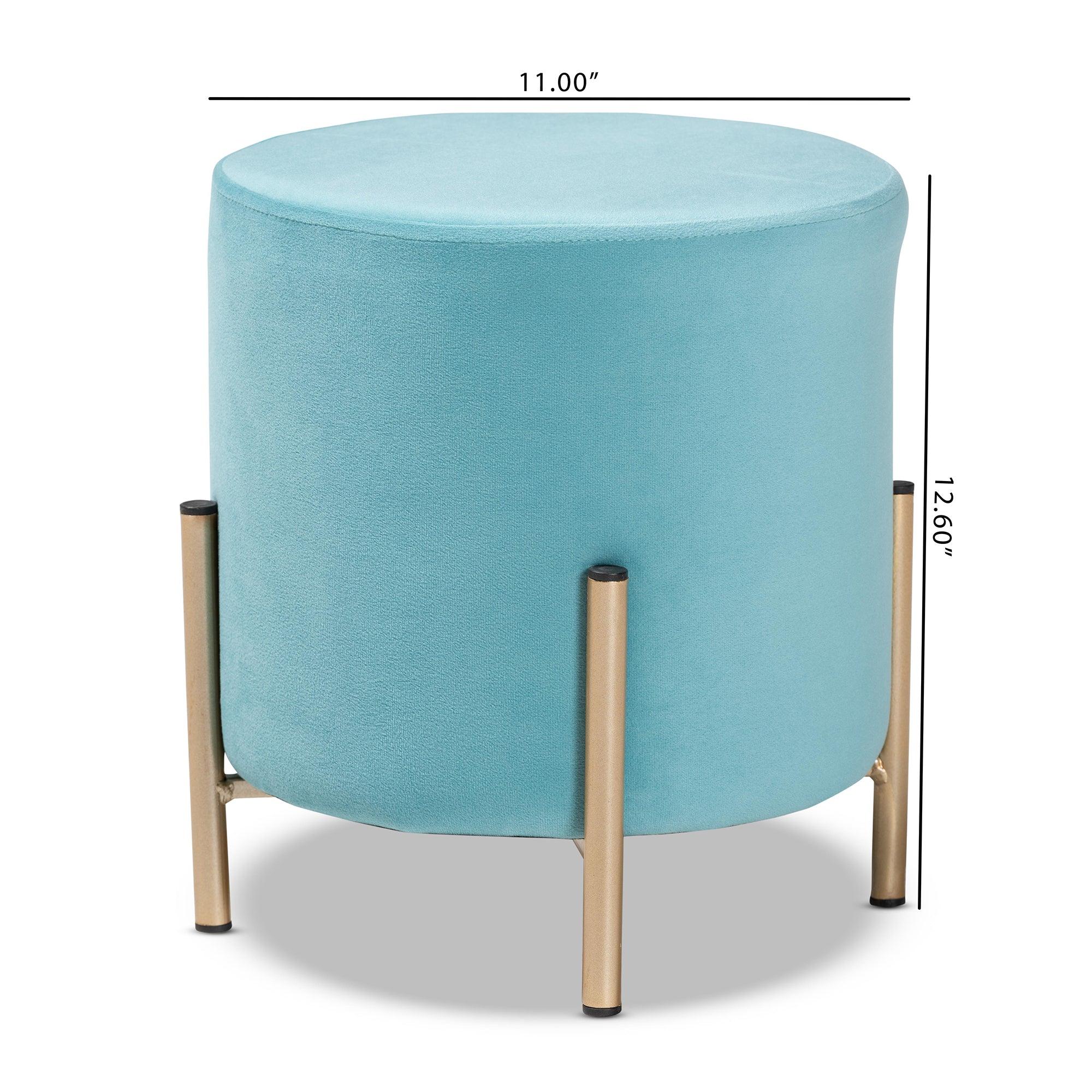 Thurman Contemporary Glam and Luxe Sky Velvet Fabric Upholstered and Finished Metal Ottoman