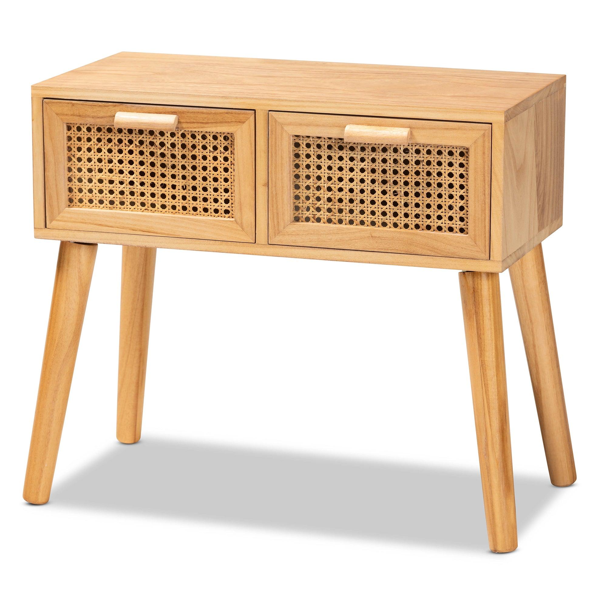 Falan Mid-Century Modern Finished Wood 2-Drawer Console Table with Rattan