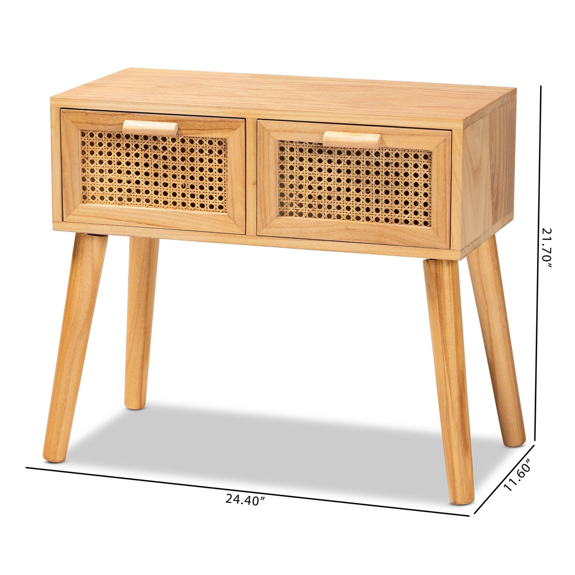 Falan Mid-Century Modern Finished Wood 2-Drawer Console Table with Rattan