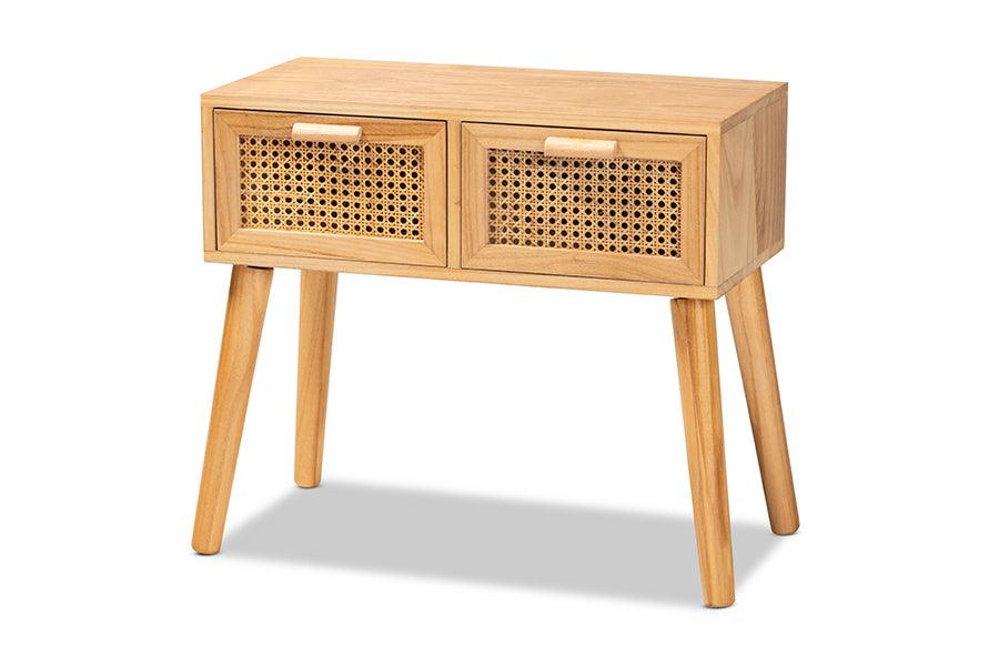 Falan Mid-Century Modern Finished Wood 2-Drawer Console Table with Rattan