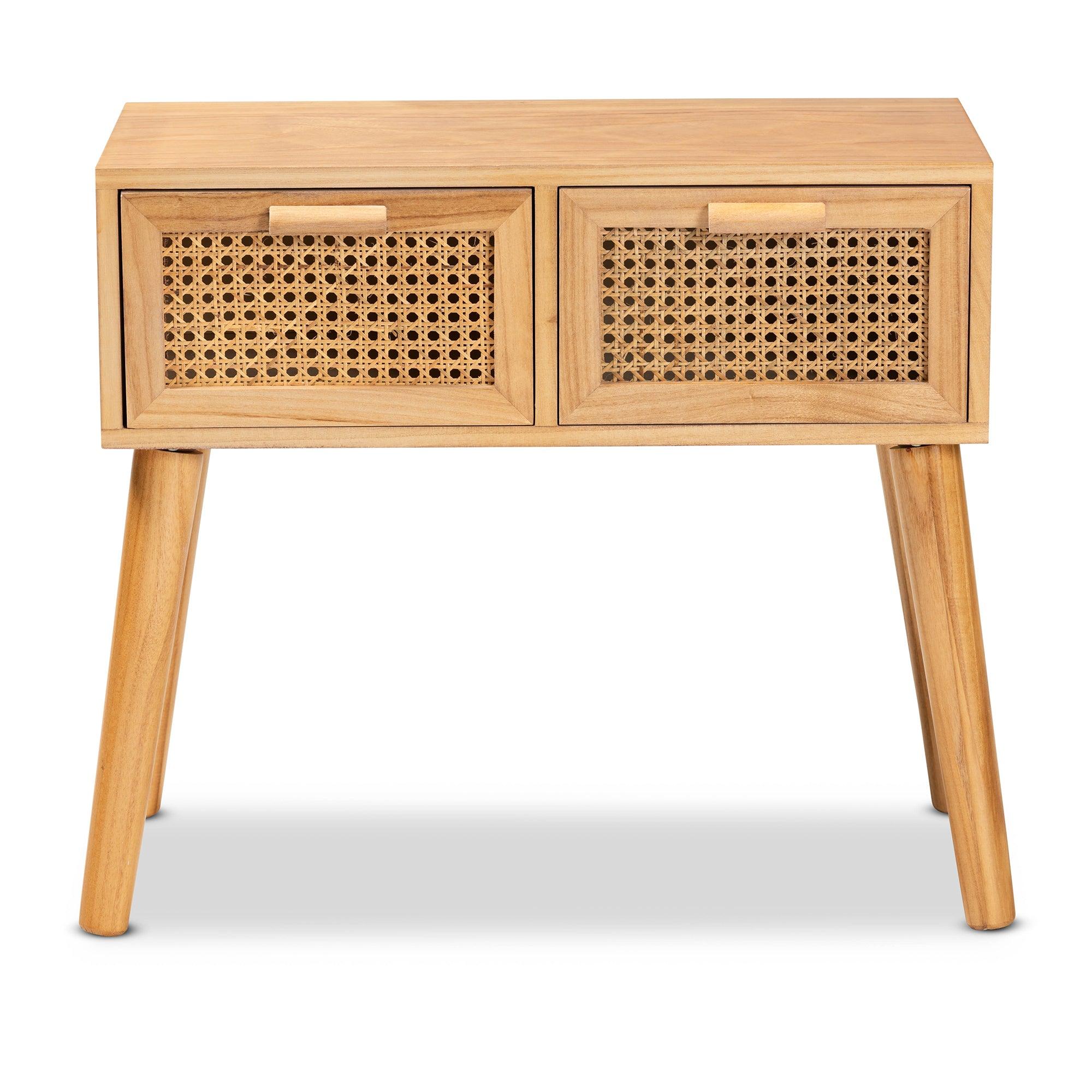 Falan Mid-Century Modern Finished Wood 2-Drawer Console Table with Rattan