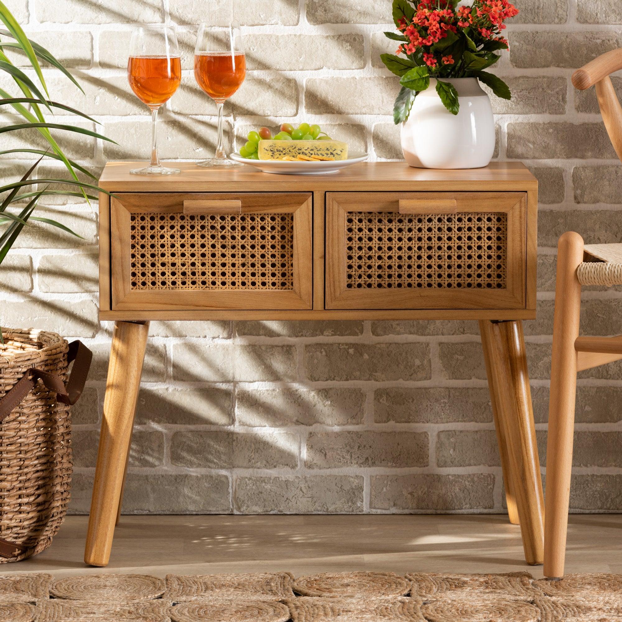 Falan Mid-Century Modern Finished Wood 2-Drawer Console Table with Rattan