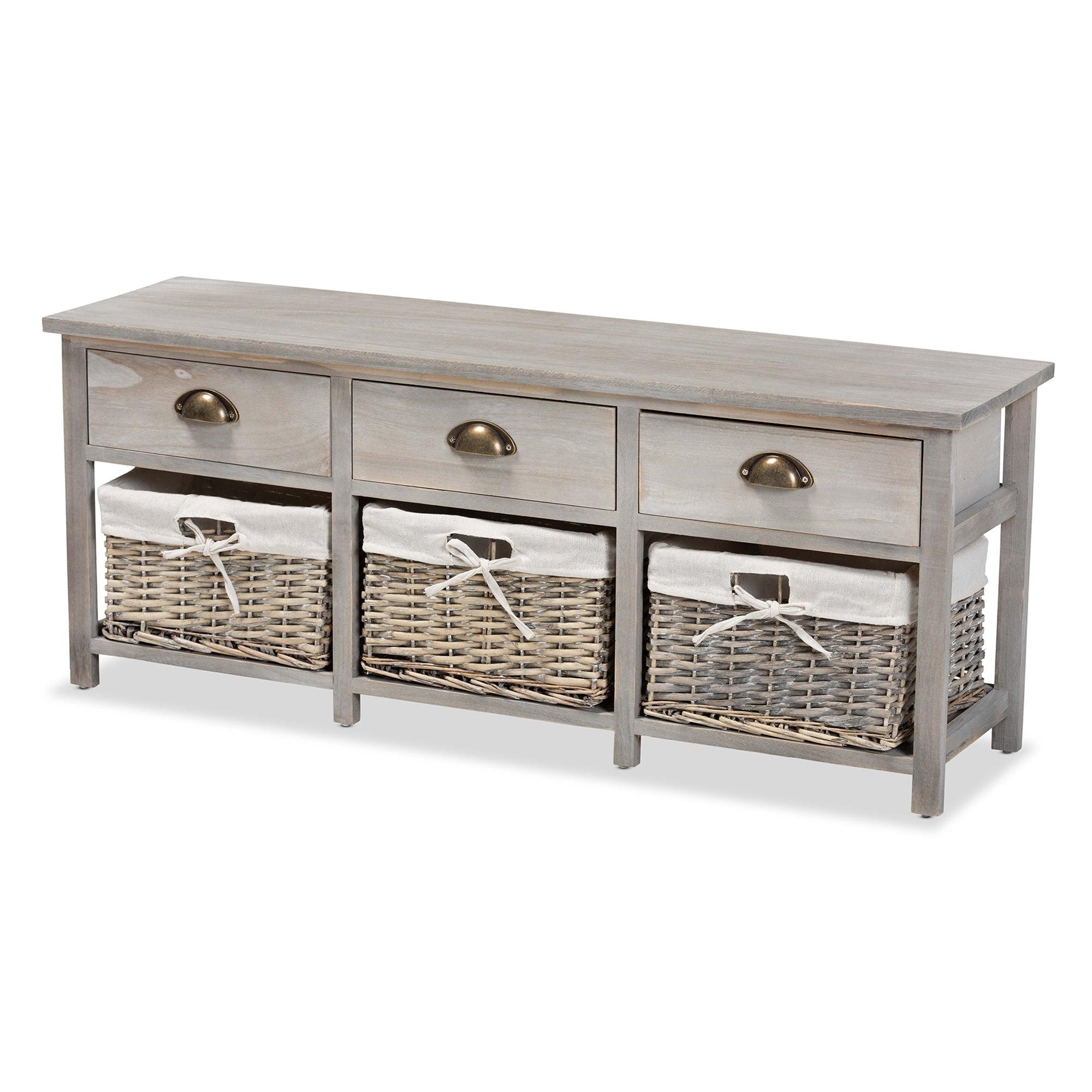 Mabyn Modern and Contemporary Light Finished Wood 3-Drawer Storage Bench with Baskets