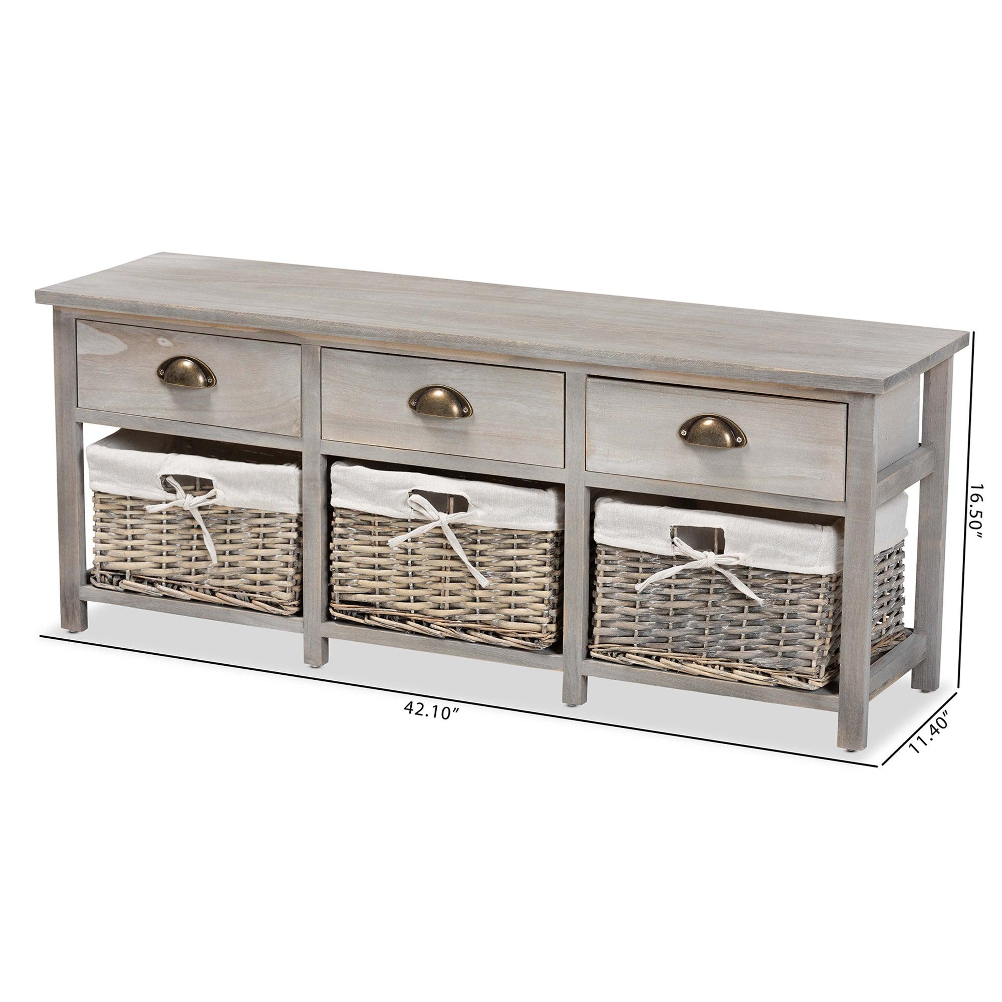 Mabyn Modern and Contemporary Light Finished Wood 3-Drawer Storage Bench with Baskets