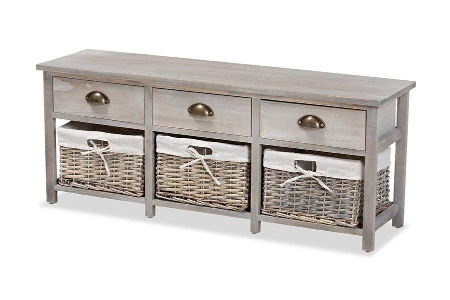 Mabyn Modern and Contemporary Light Finished Wood 3-Drawer Storage Bench with Baskets