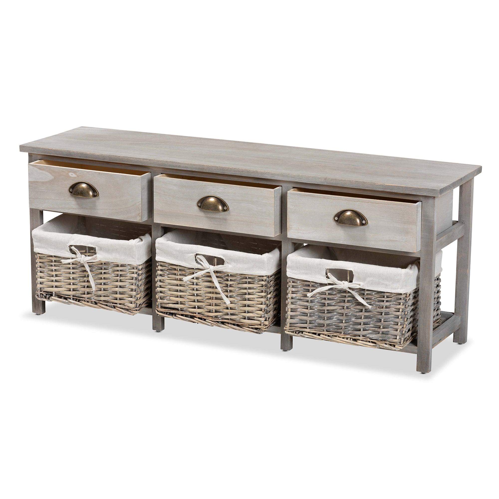 Mabyn Modern and Contemporary Light Finished Wood 3-Drawer Storage Bench with Baskets