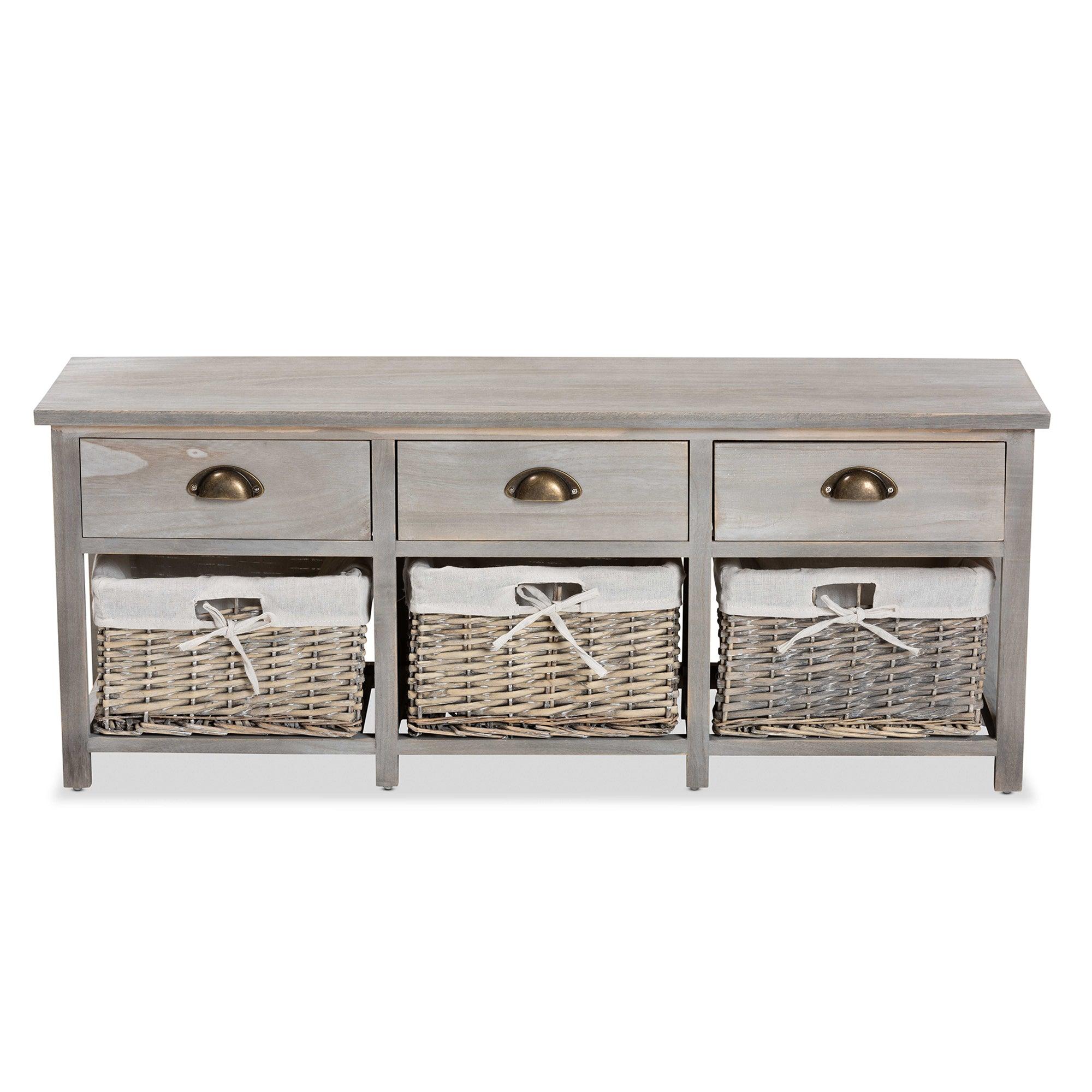 Mabyn Modern and Contemporary Light Finished Wood 3-Drawer Storage Bench with Baskets