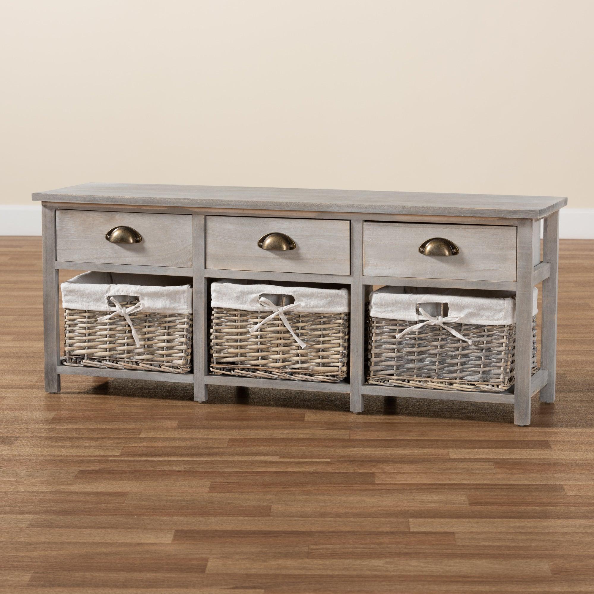 Mabyn Modern and Contemporary Light Finished Wood 3-Drawer Storage Bench with Baskets