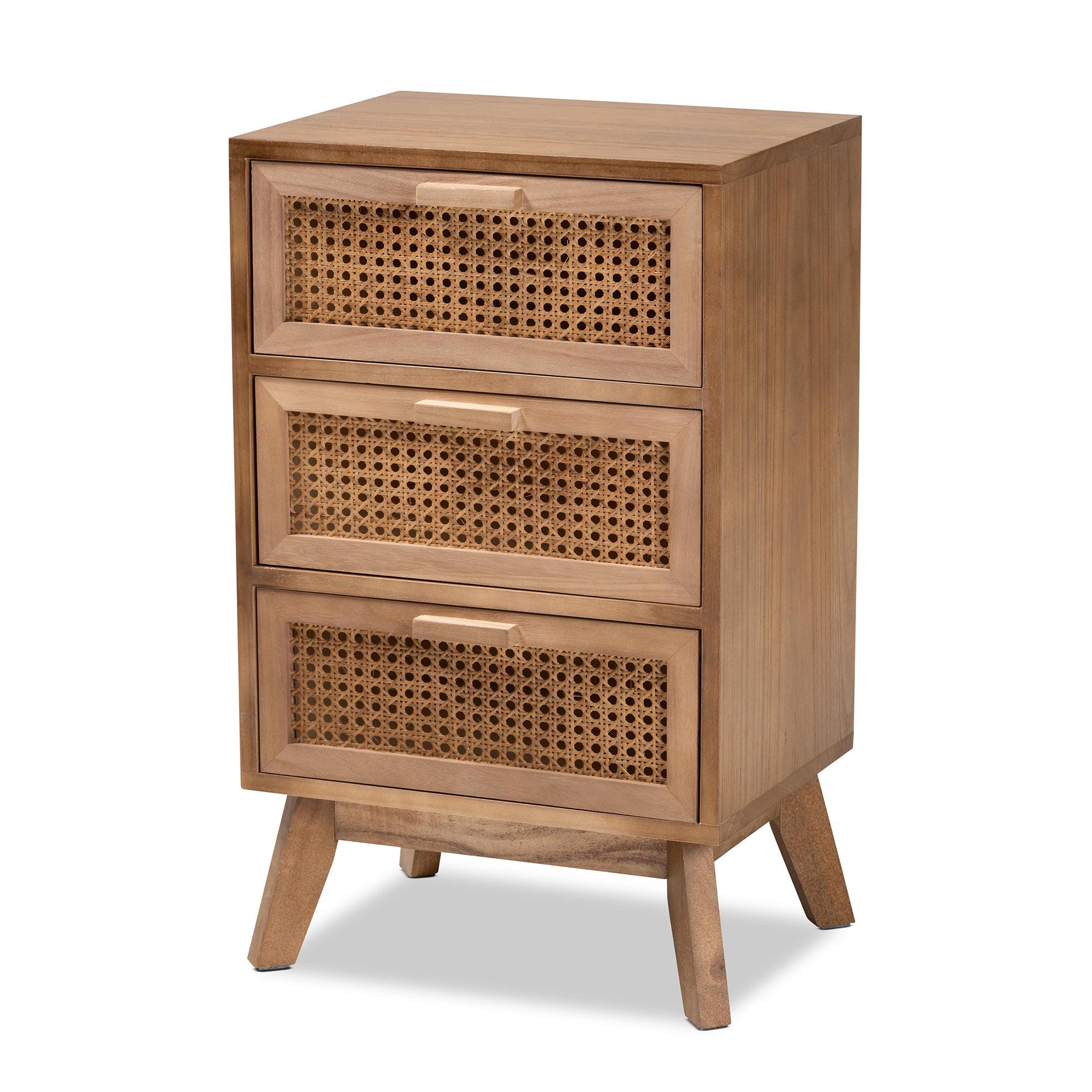 Baden Mid-Century Modern Finished Wood 3-Drawer End Table with Rattan