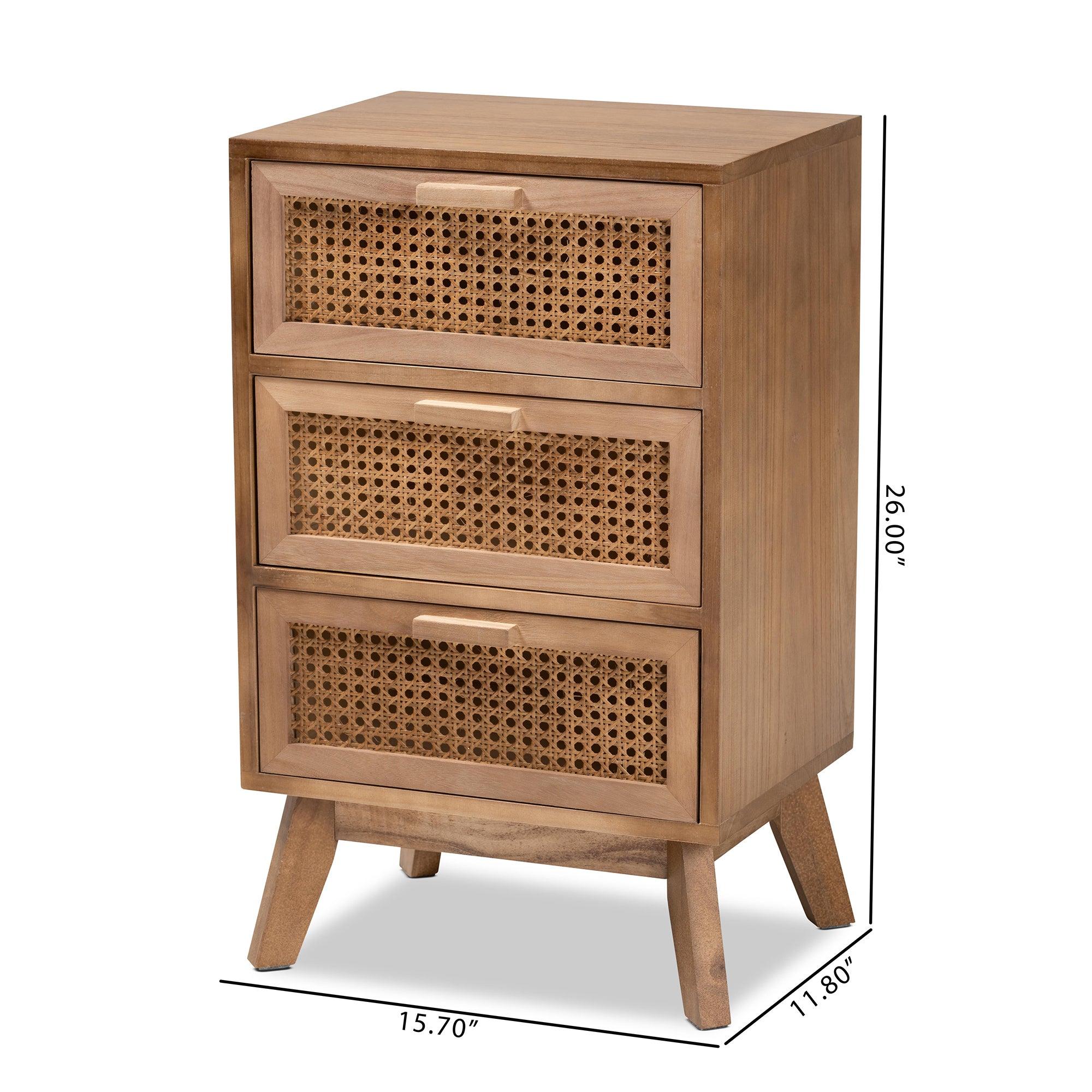 Baden Mid-Century Modern Finished Wood 3-Drawer End Table with Rattan