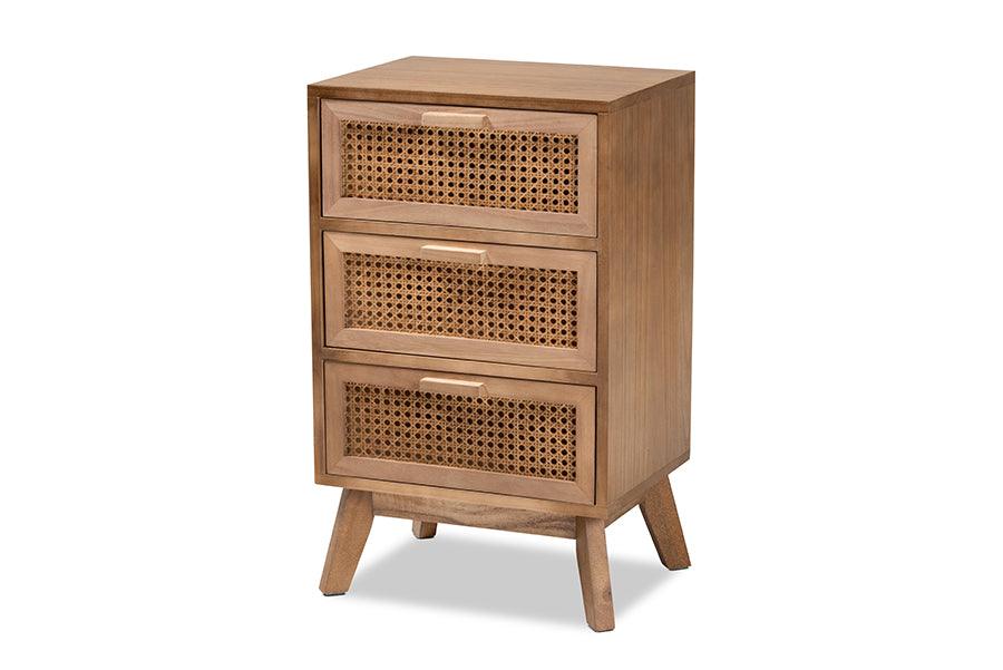 Baden Mid-Century Modern Finished Wood 3-Drawer End Table with Rattan