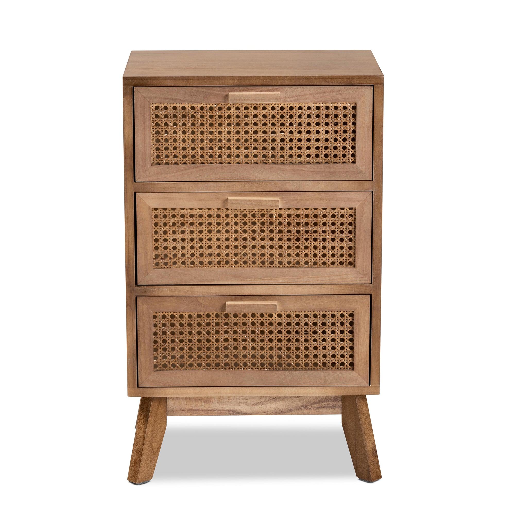 Baden Mid-Century Modern Finished Wood 3-Drawer End Table with Rattan