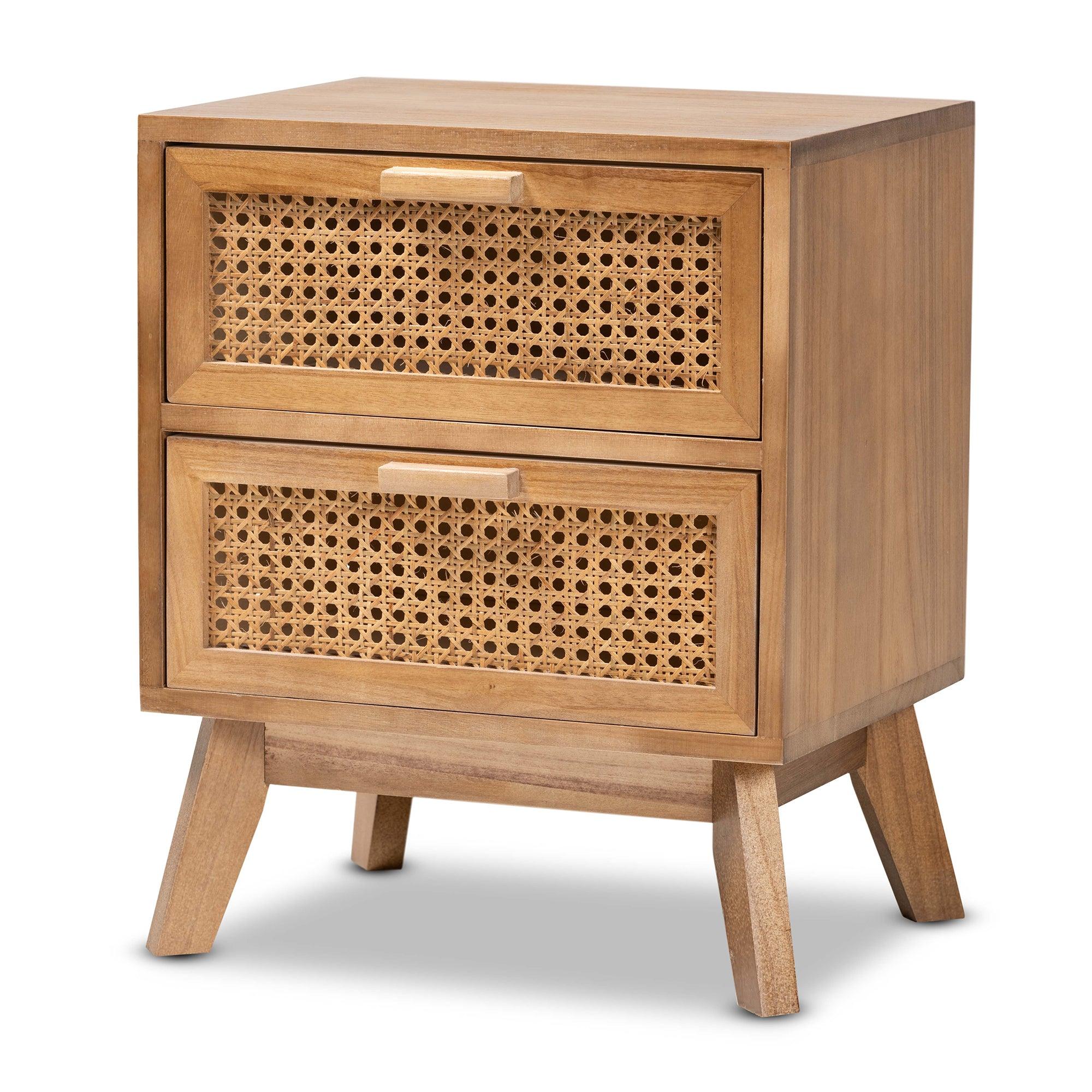 Baden Mid-Century Modern Finished Wood 2-Drawer End Table with Rattan