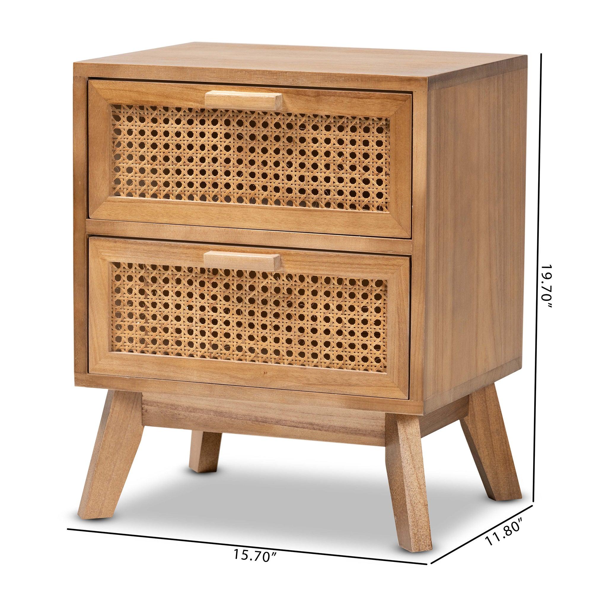 Baden Mid-Century Modern Finished Wood 2-Drawer End Table with Rattan