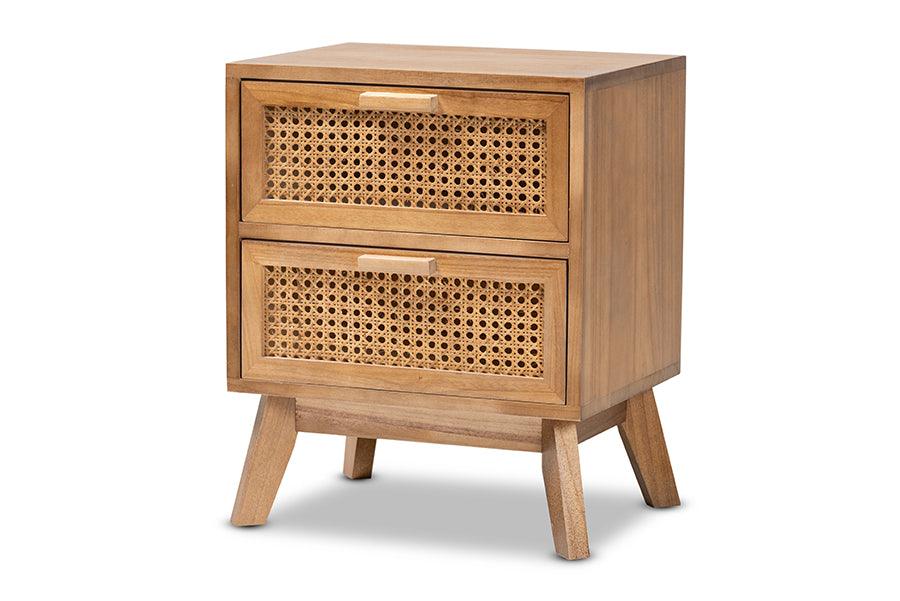 Baden Mid-Century Modern Finished Wood 2-Drawer End Table with Rattan