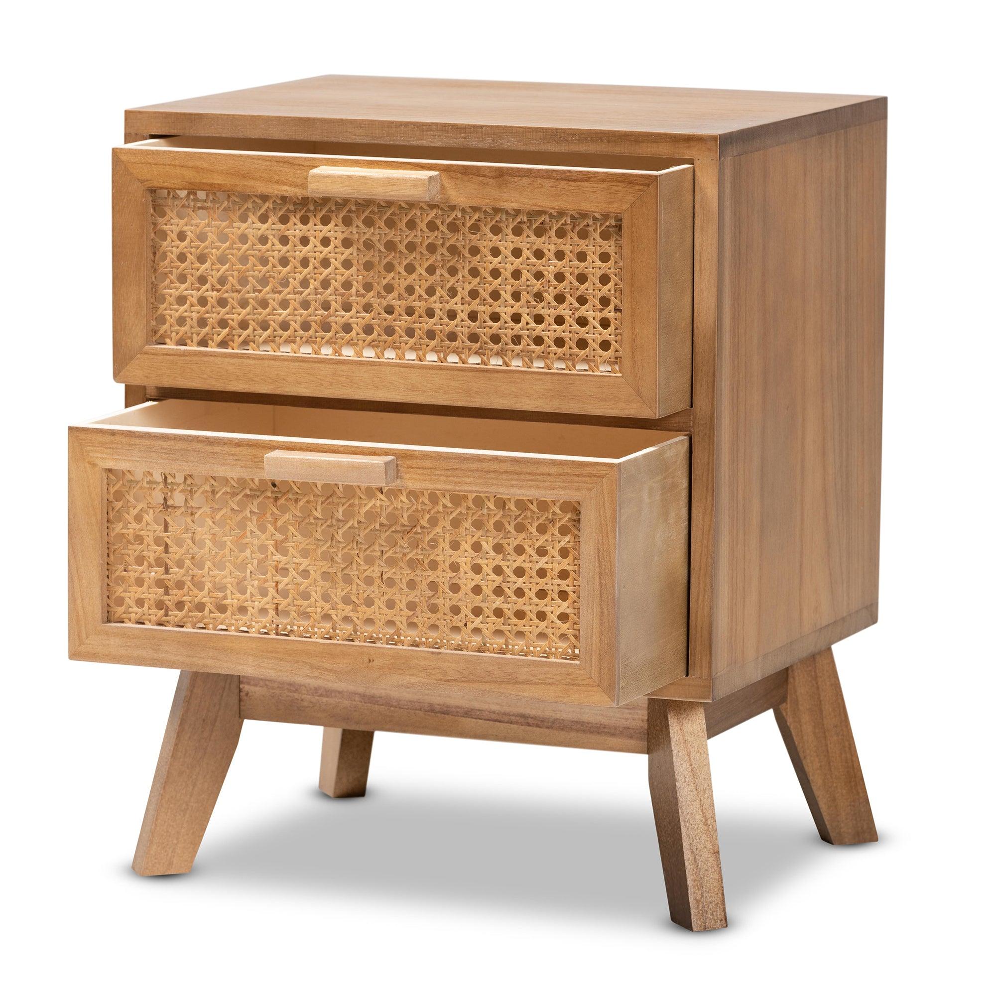 Baden Mid-Century Modern Finished Wood 2-Drawer End Table with Rattan