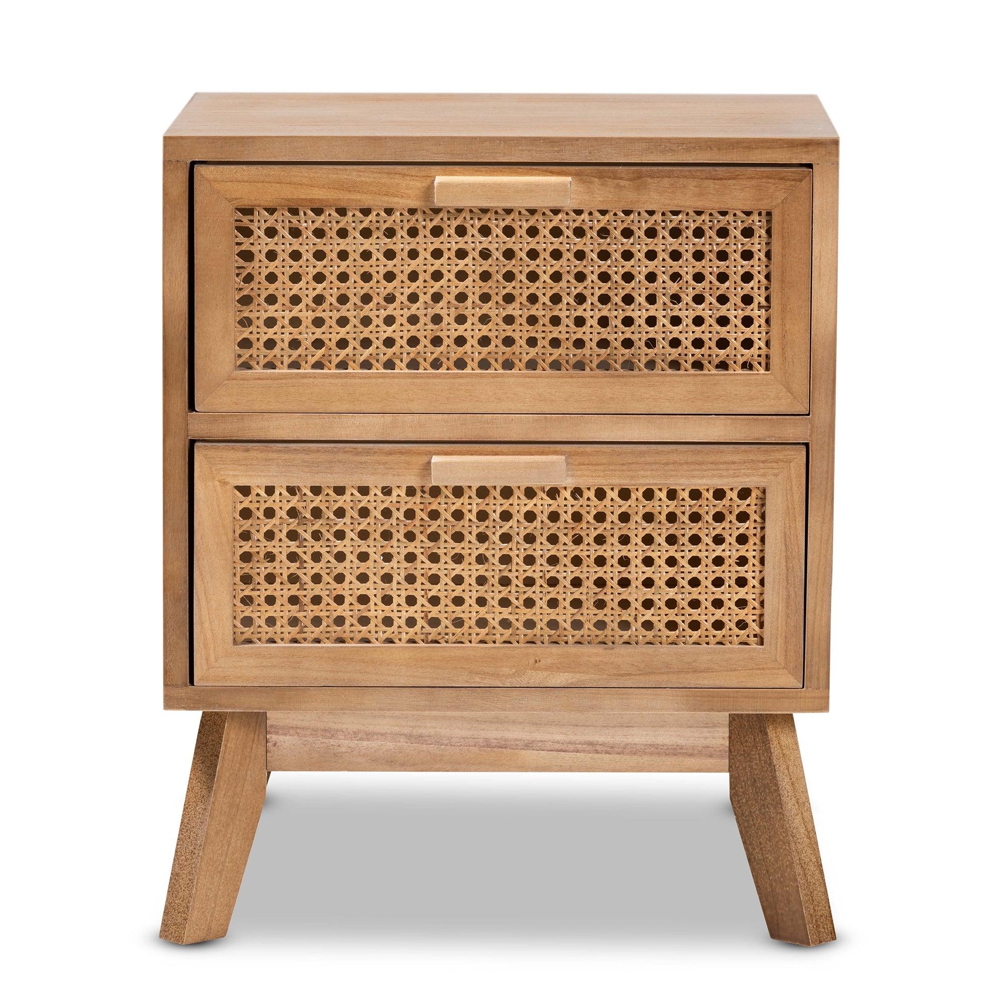 Baden Mid-Century Modern Finished Wood 2-Drawer End Table with Rattan