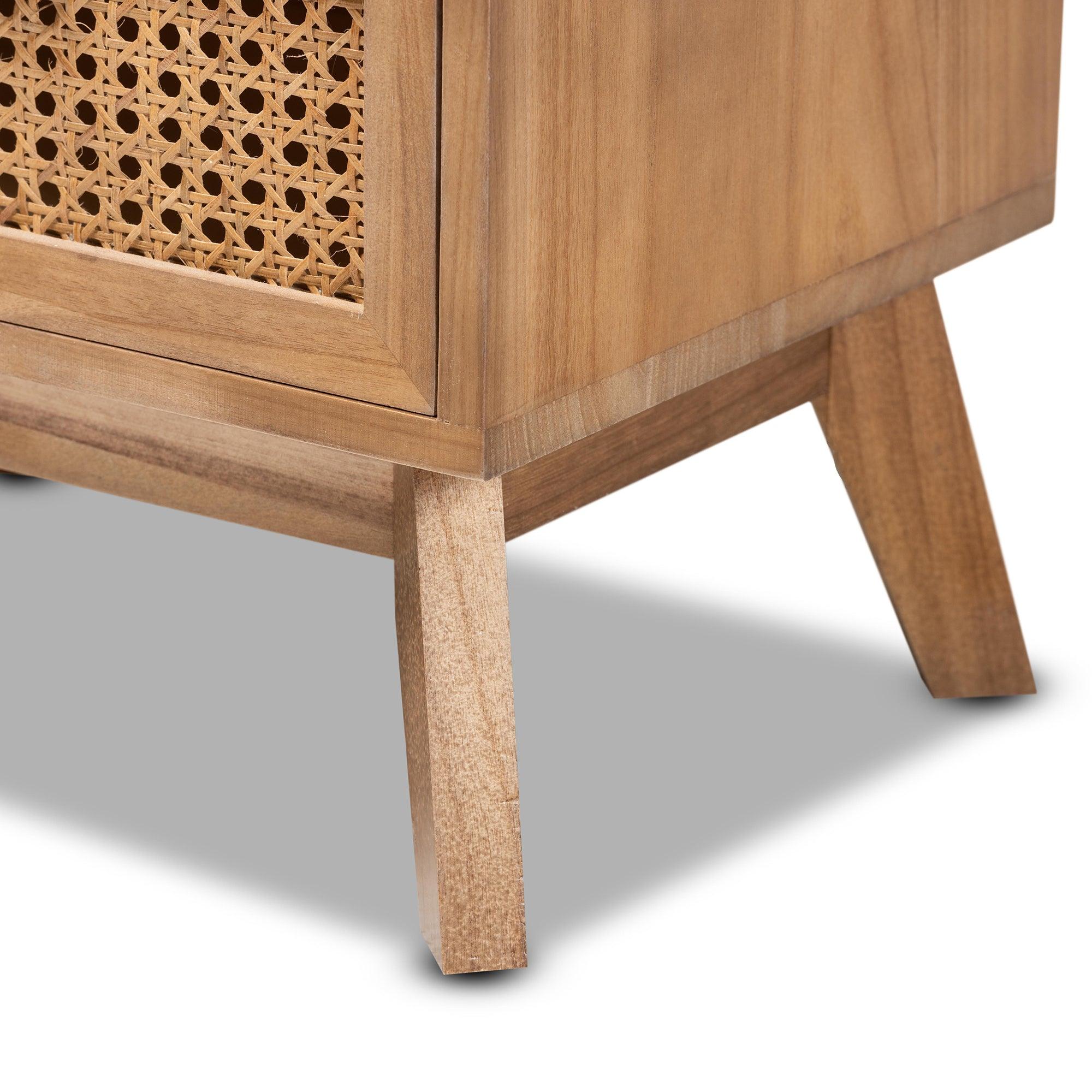 Baden Mid-Century Modern Finished Wood 2-Drawer End Table with Rattan