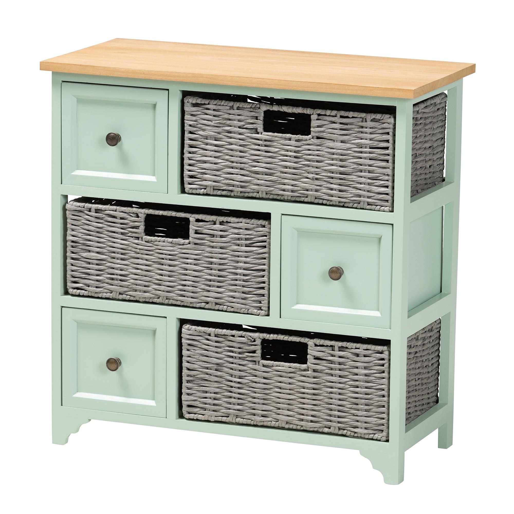 Valtina Modern and Contemporary Two-Tone and Mint Finished Wood 3-Drawer Storage Unit with Baskets