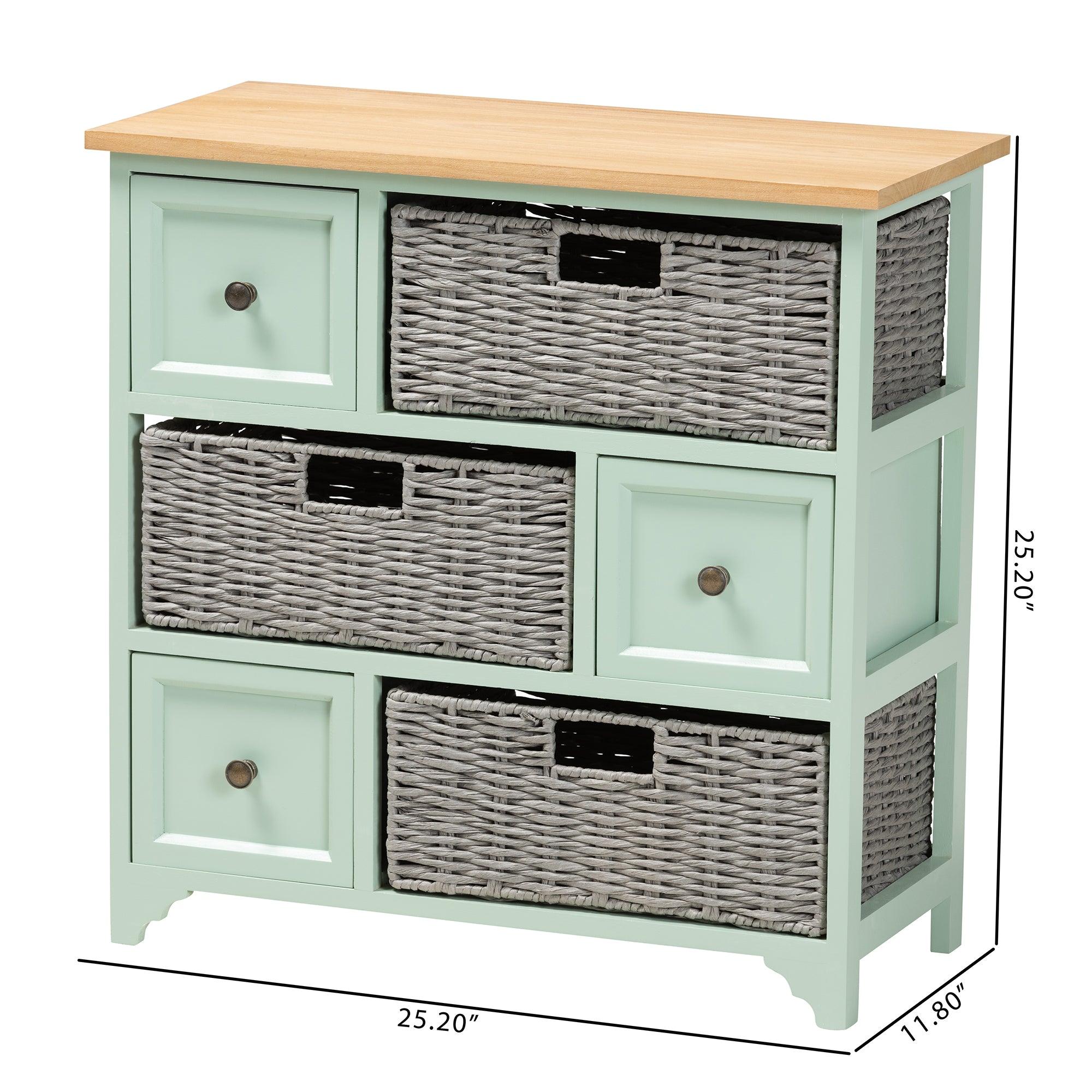 Valtina Modern and Contemporary Two-Tone and Mint Finished Wood 3-Drawer Storage Unit with Baskets