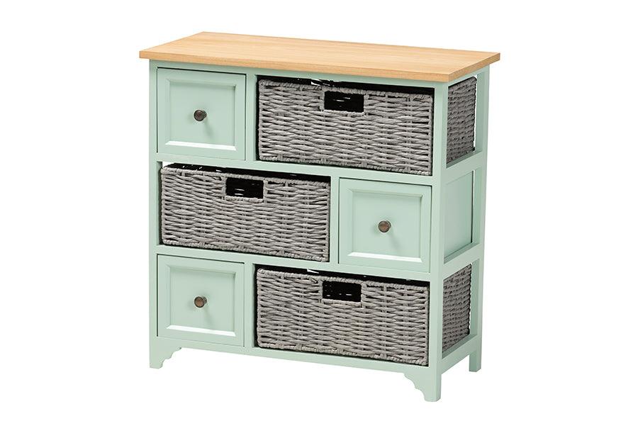 Valtina Modern and Contemporary Two-Tone and Mint Finished Wood 3-Drawer Storage Unit with Baskets