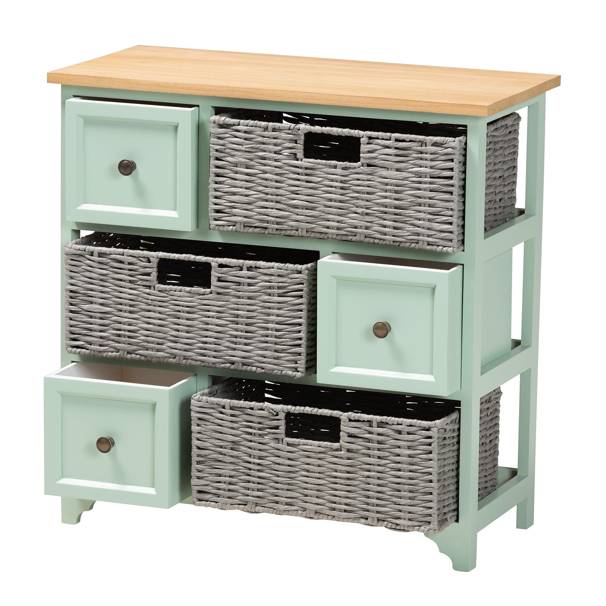 Valtina Modern and Contemporary Two-Tone and Mint Finished Wood 3-Drawer Storage Unit with Baskets