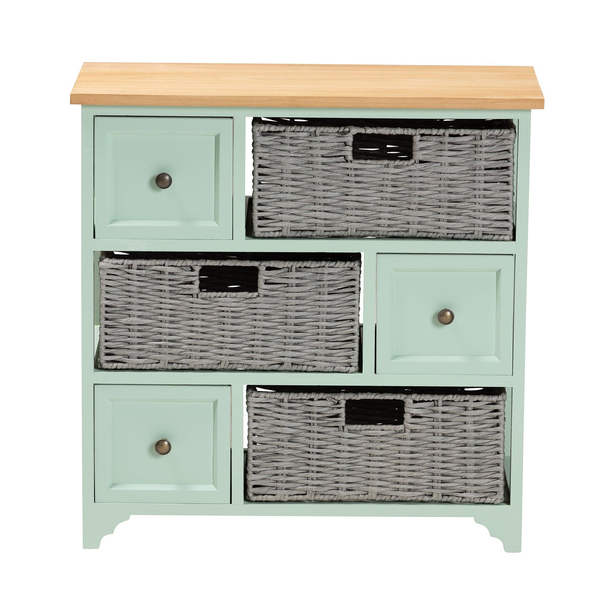 Valtina Modern and Contemporary Two-Tone and Mint Finished Wood 3-Drawer Storage Unit with Baskets