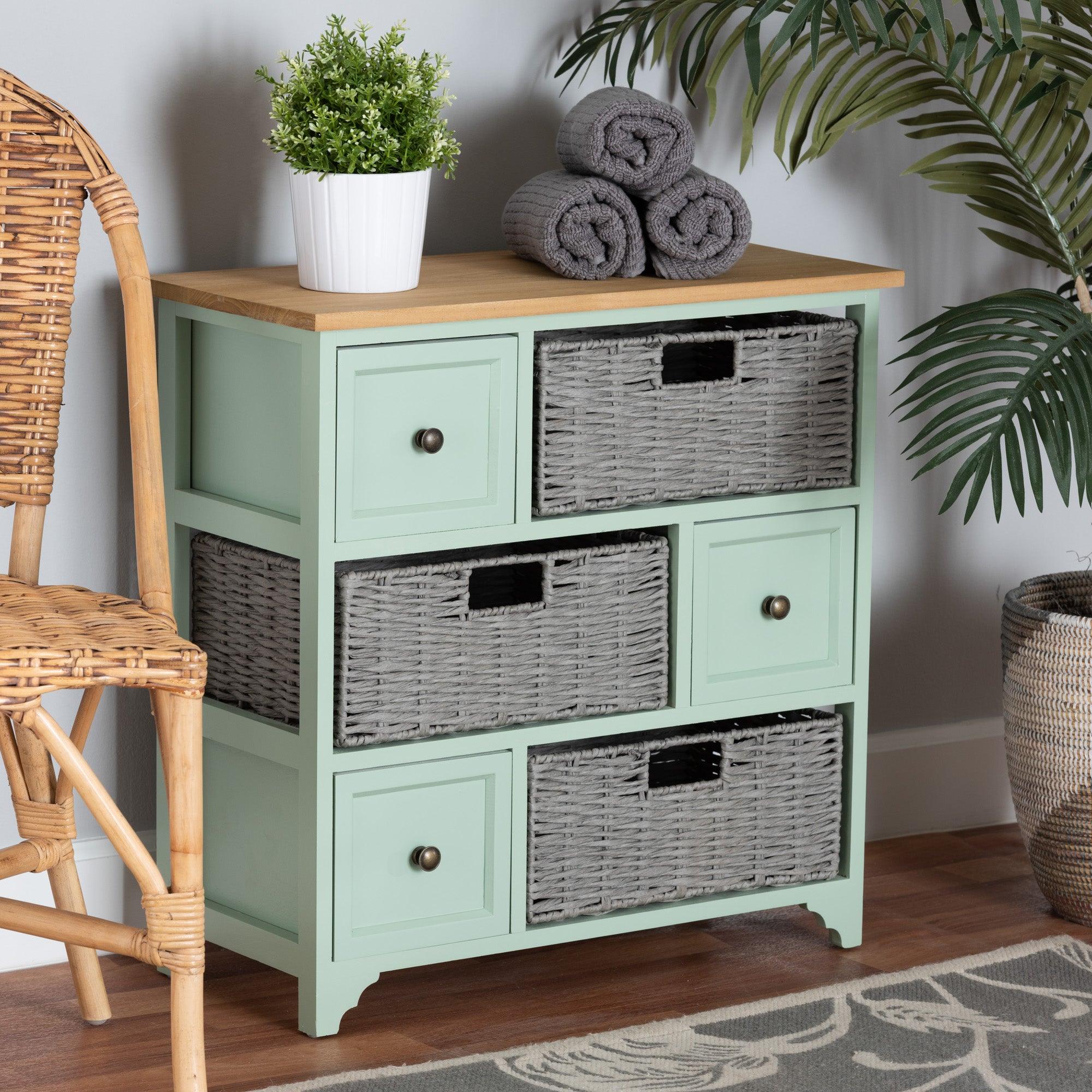 Valtina Modern and Contemporary Two-Tone and Mint Finished Wood 3-Drawer Storage Unit with Baskets