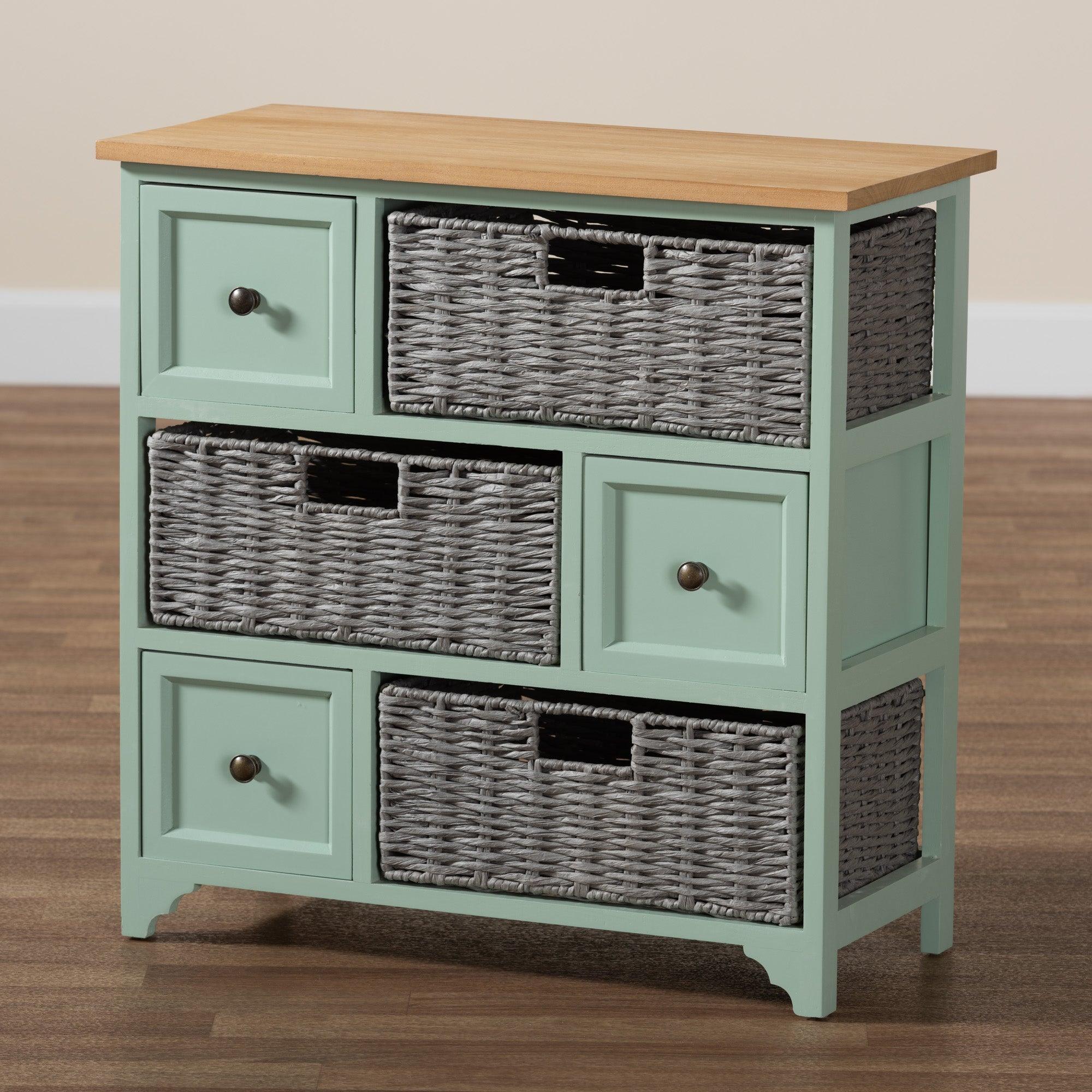 Valtina Modern and Contemporary Two-Tone and Mint Finished Wood 3-Drawer Storage Unit with Baskets