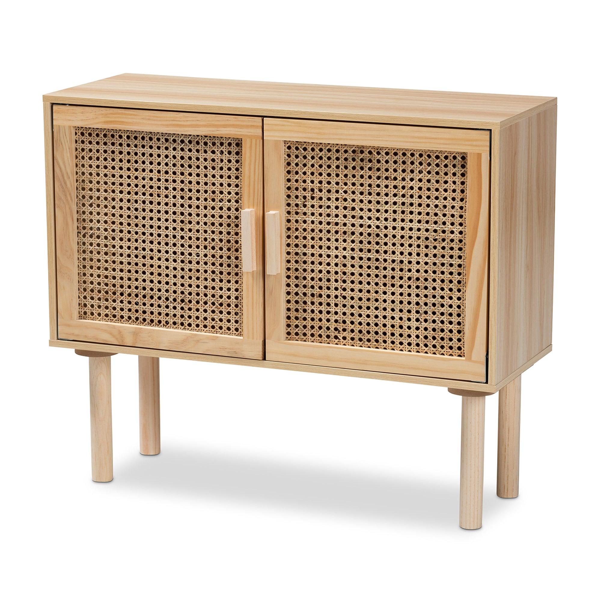 Maclean Mid-Century Modern Rattan and Finished Wood 2-Door Sideboard Buffet