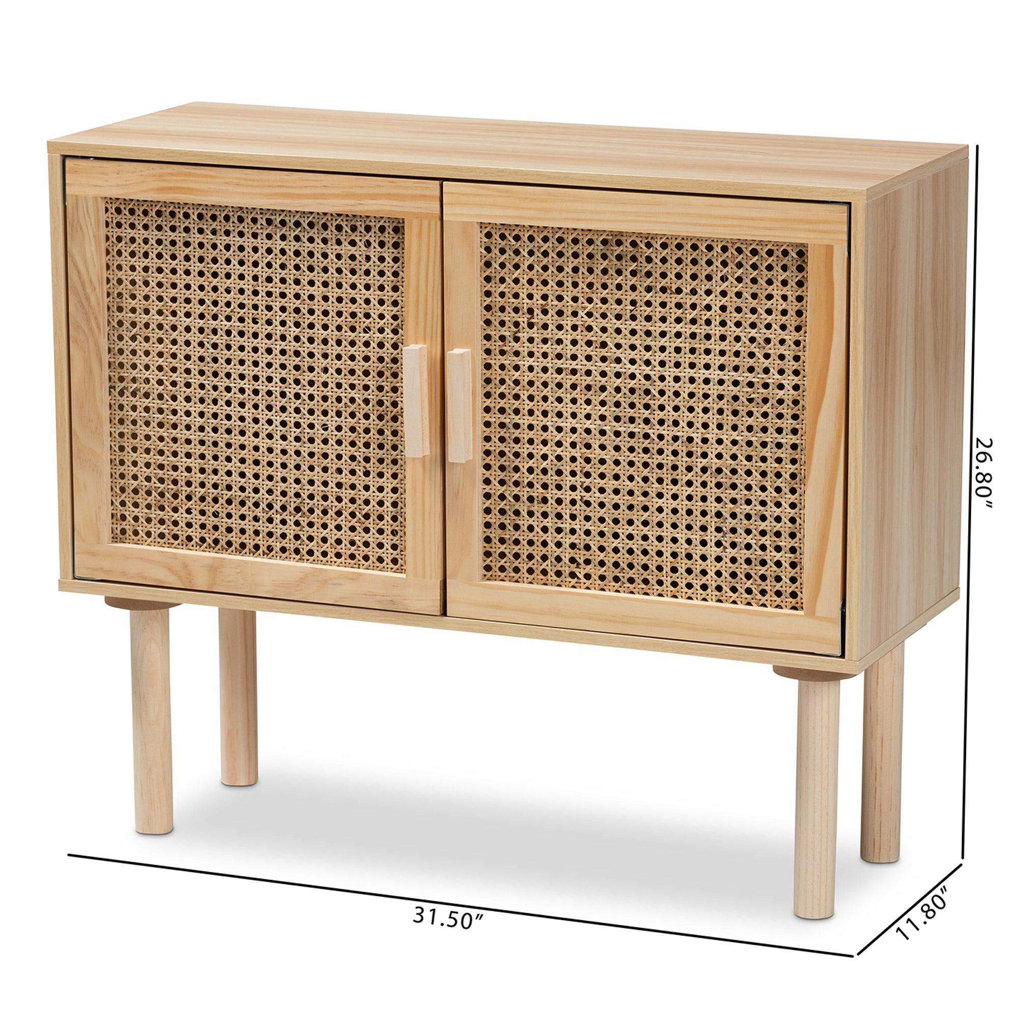 Maclean Mid-Century Modern Rattan and Finished Wood 2-Door Sideboard Buffet